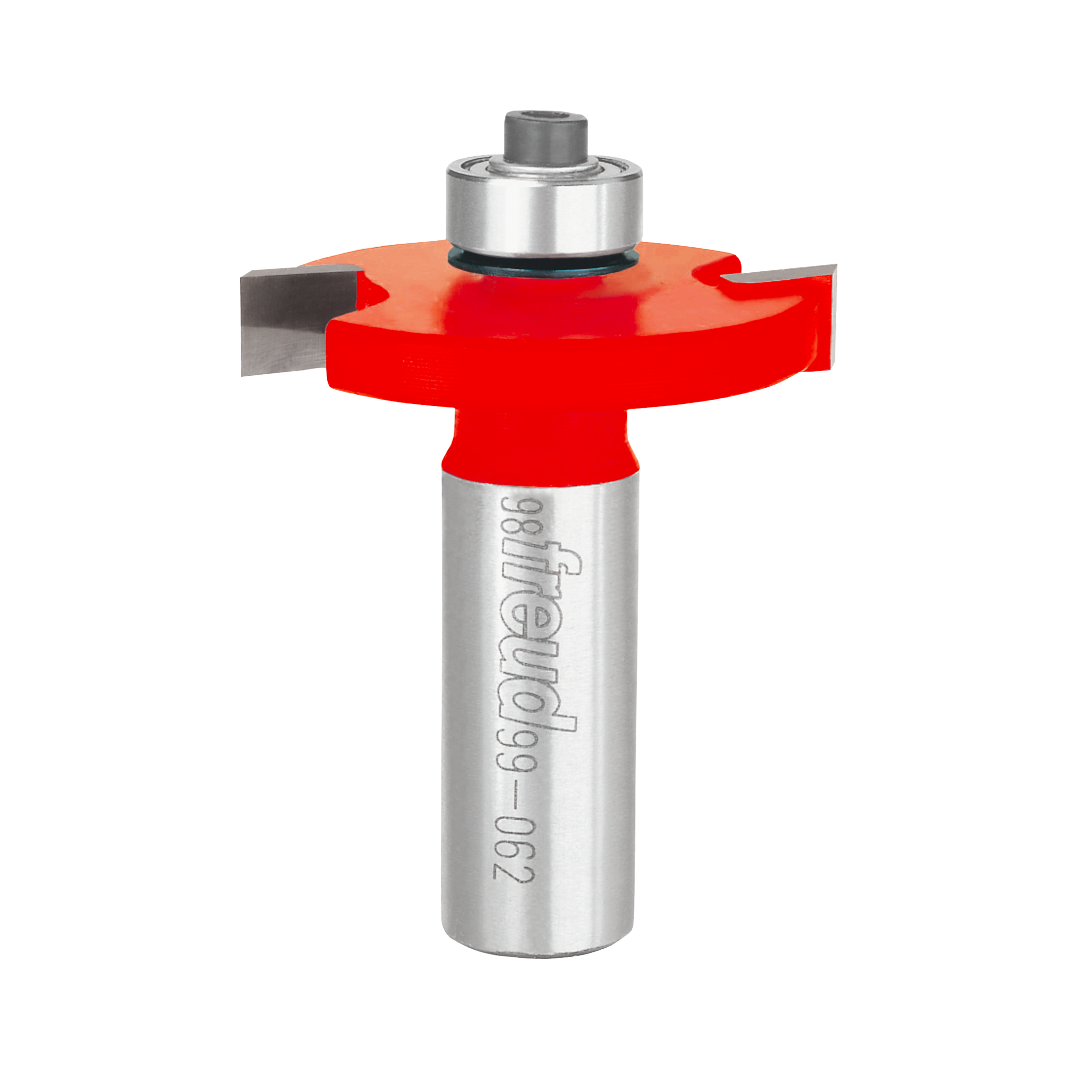 Red and silver rail and stile profile router bit with bearing collar and metal shank.