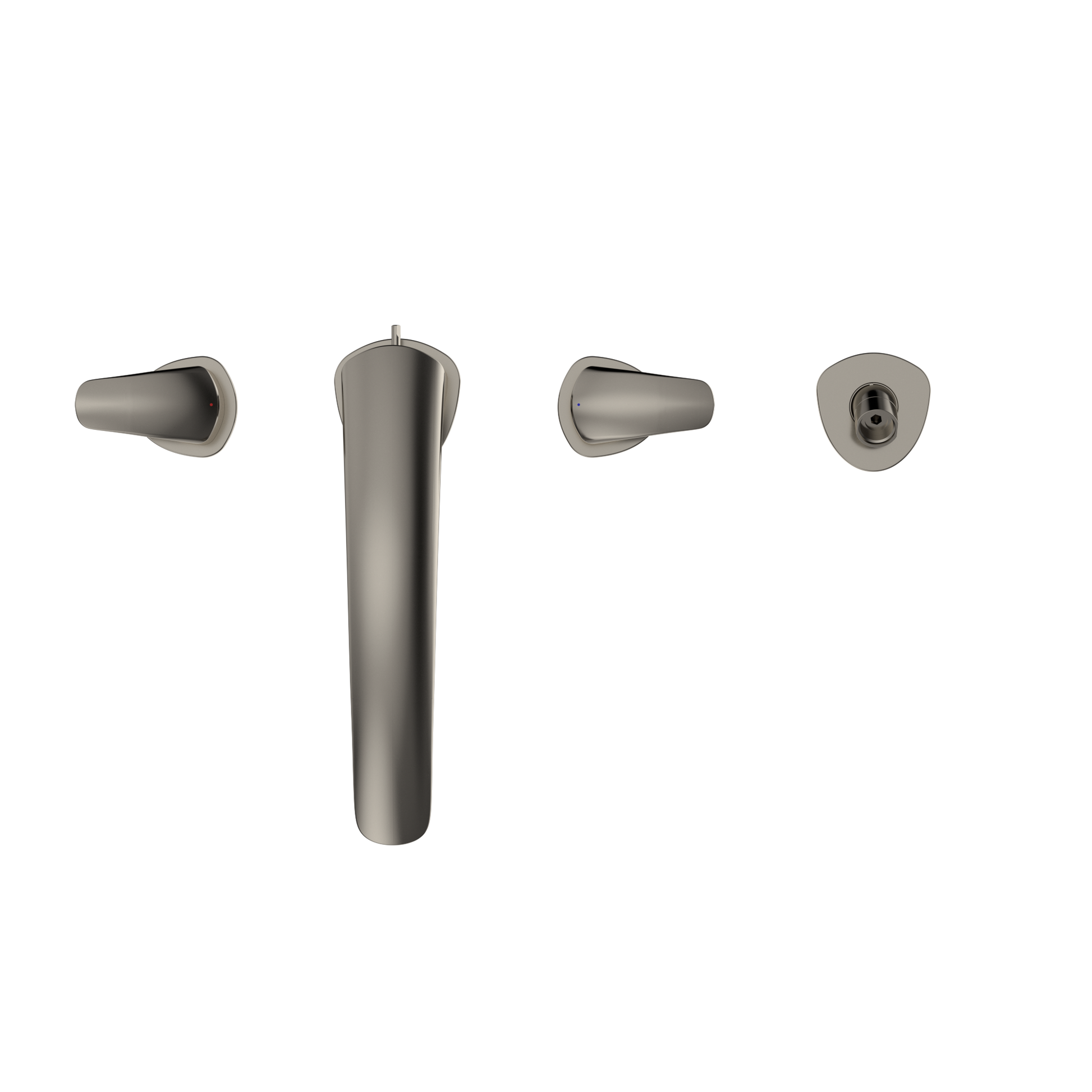 Polished nickel two-handle roman tub filler trim with central spout and separate handshower outlet.