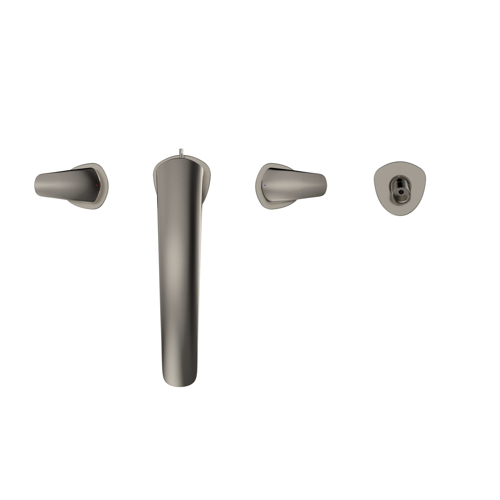 Polished nickel two-handle roman tub filler trim with central spout and separate handshower outlet.