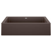 Cafe-colored single basin farmhouse sink with apron front and rounded corners.