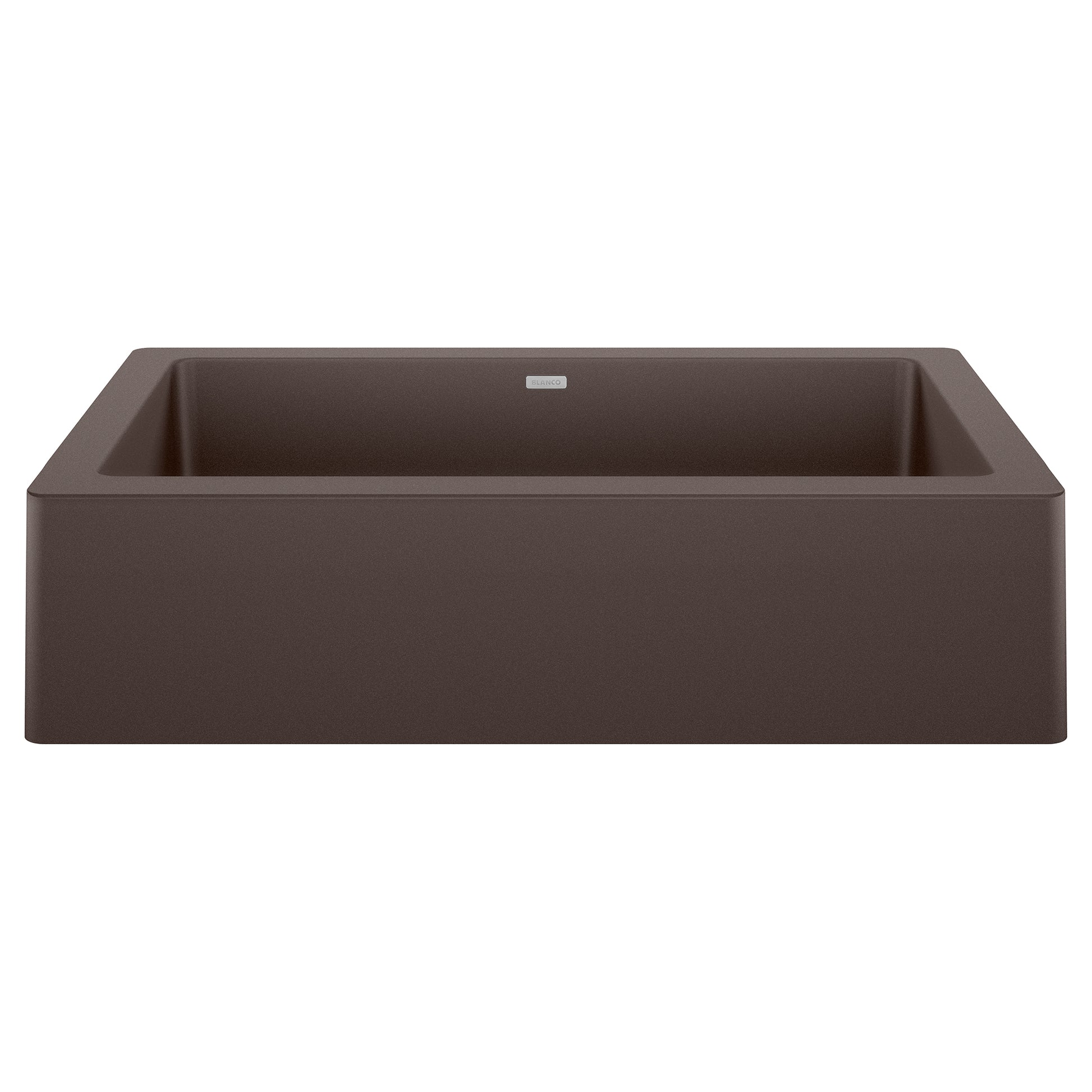 Cafe-colored single basin farmhouse sink with apron front and rounded corners.