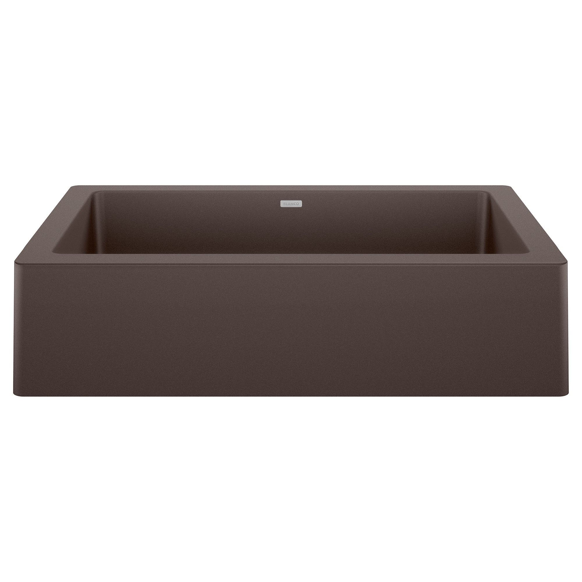 Cafe-colored single basin farmhouse sink with apron front and rounded corners.