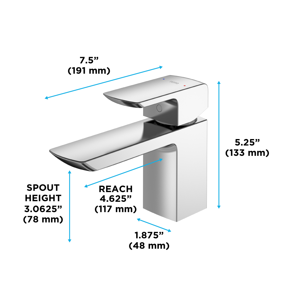 Brushed nickel single-handle bathroom sink faucet with curved spout and rectangular base, shown with dimensions.
