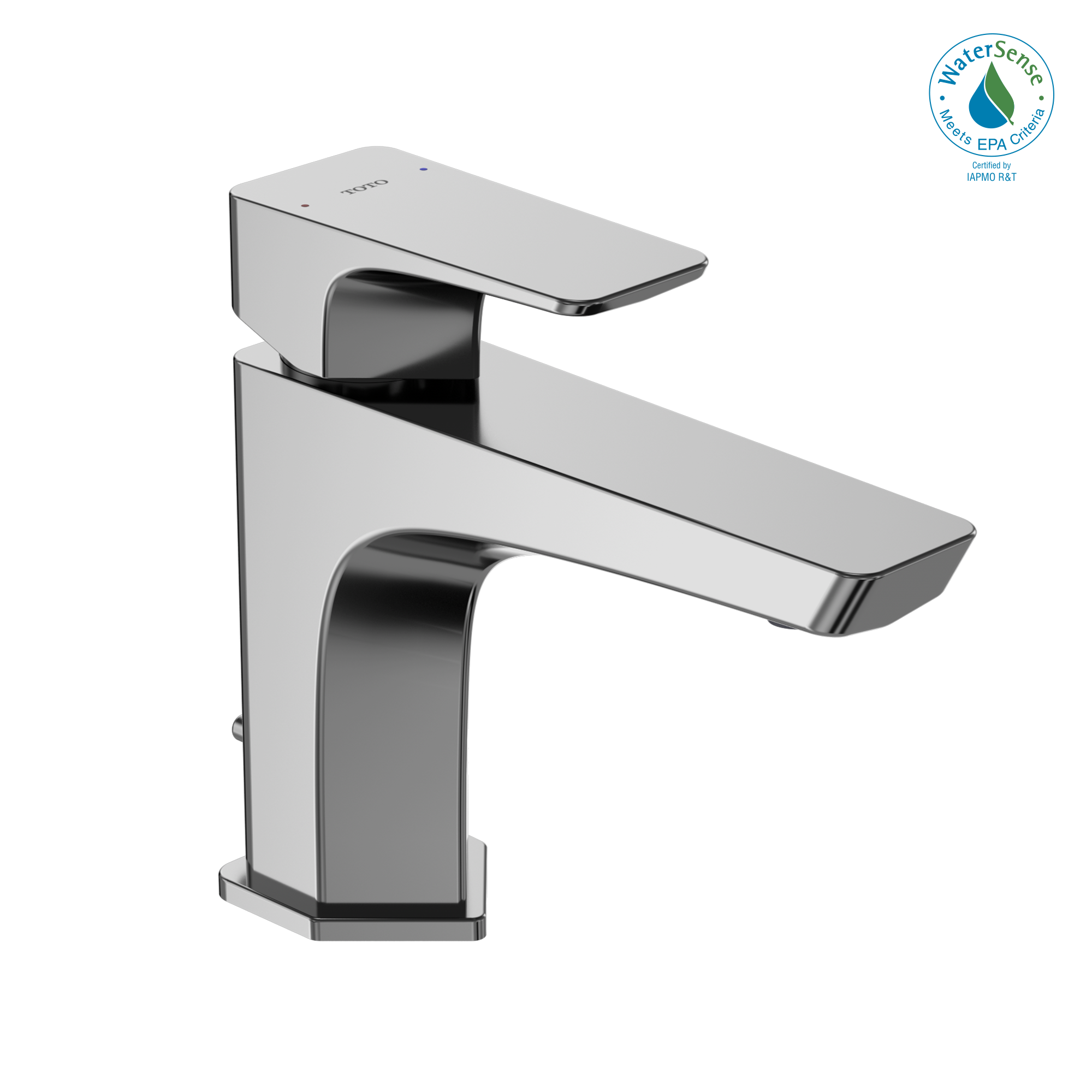 Polished chrome single-handle bathroom sink faucet with rectangular spout and black accent details.