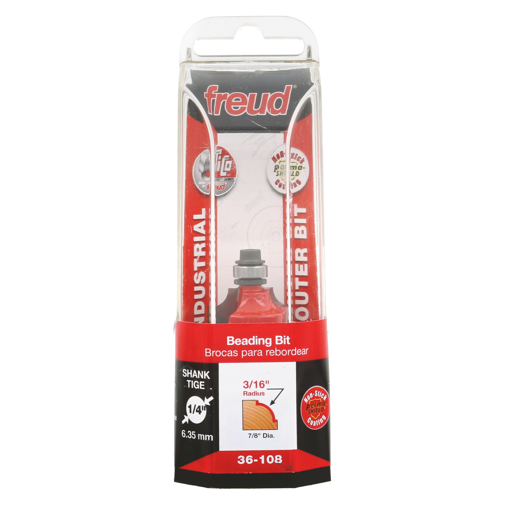 Freud beading bit with red cutting head and gray shank in clear plastic retail packaging labeled 36-108.