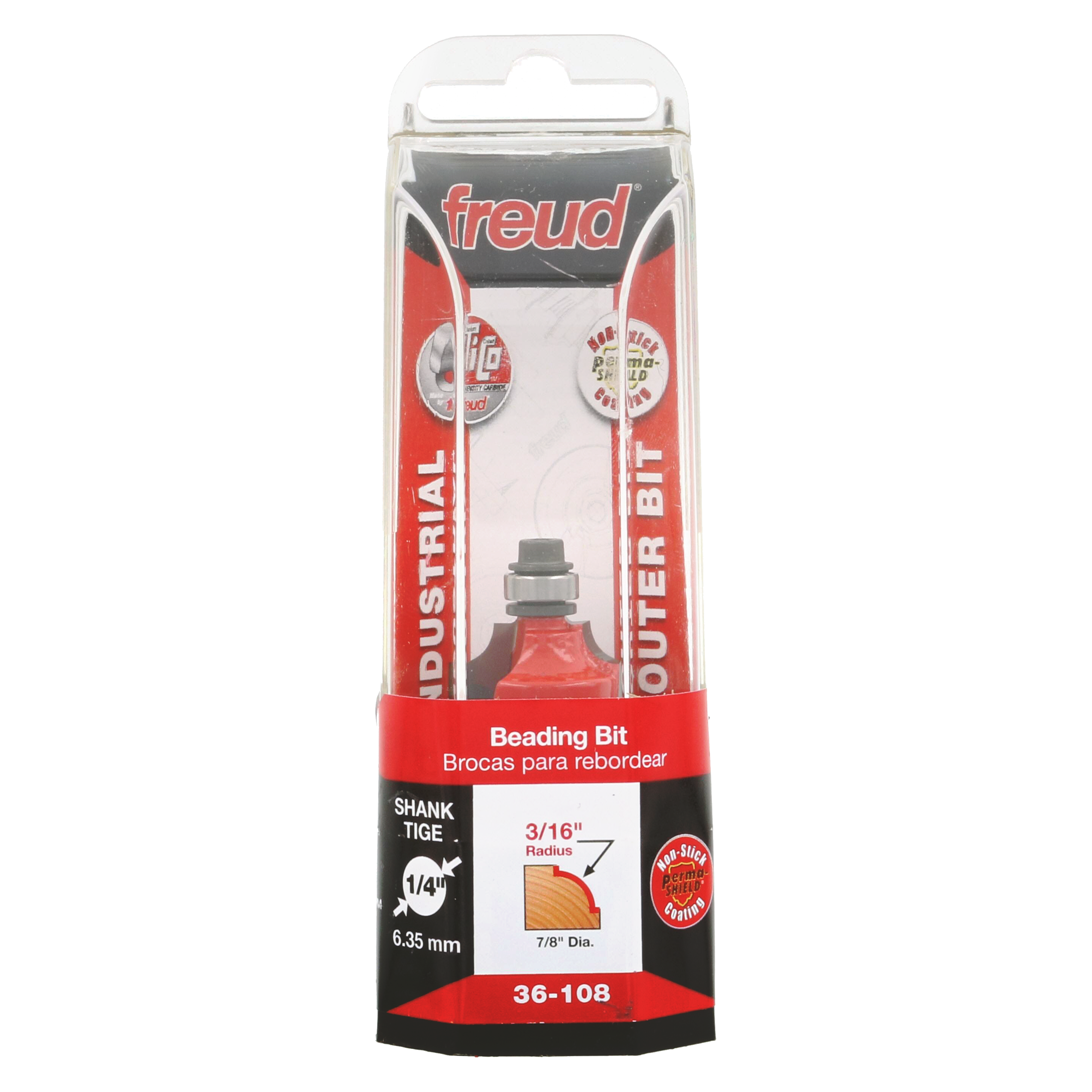 Freud beading bit with red cutting head and gray shank in clear plastic retail packaging labeled 36-108.
