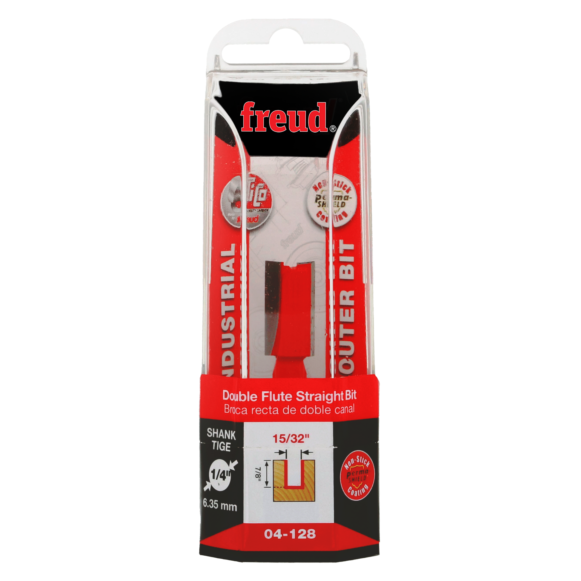 Freud 04-128 double flute straight router bit with 15/32" diameter and 1/4" shank in retail packaging.