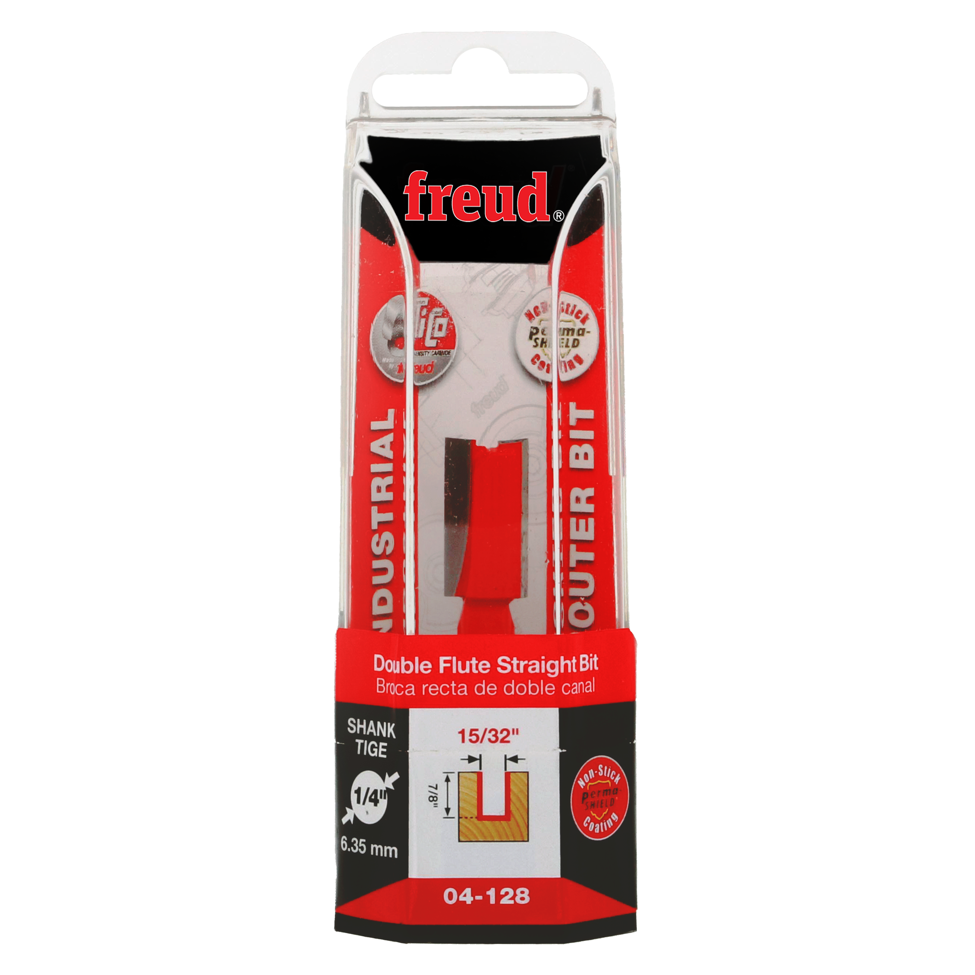 Freud 04-128 double flute straight router bit with 15/32" diameter and 1/4" shank in retail packaging.