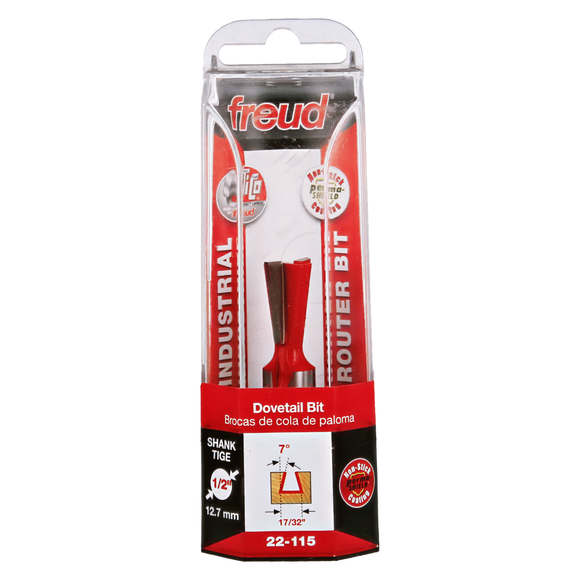 Freud 22-115 dovetail bit with red cutting head and brown shank in clear plastic packaging.