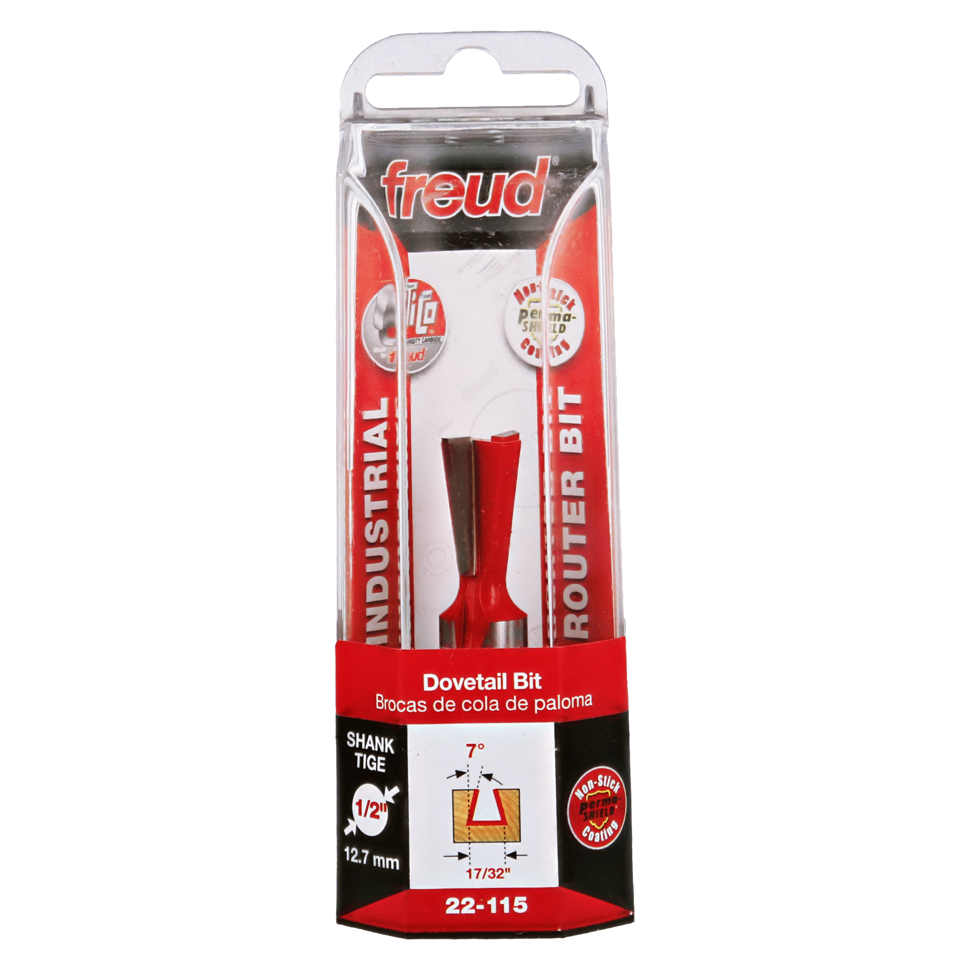 Freud 22-115 dovetail bit with red cutting head and brown shank in clear plastic packaging.