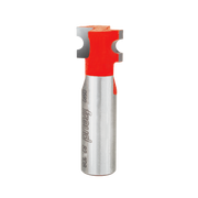 Silver metal router bit with red plastic coating and curved half-round cutting head with two notches.