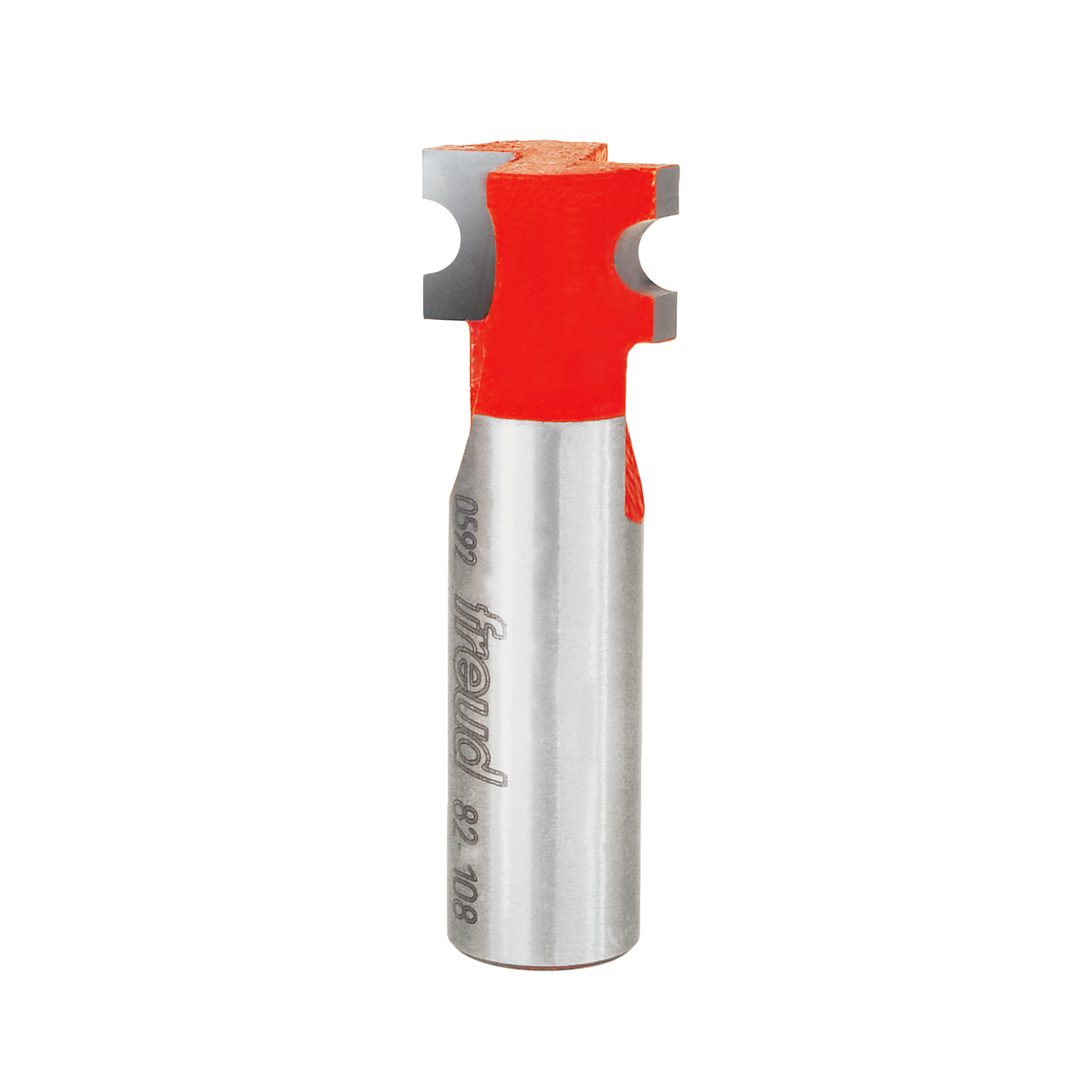 Silver metal router bit with red plastic coating and curved half-round cutting head with two notches.