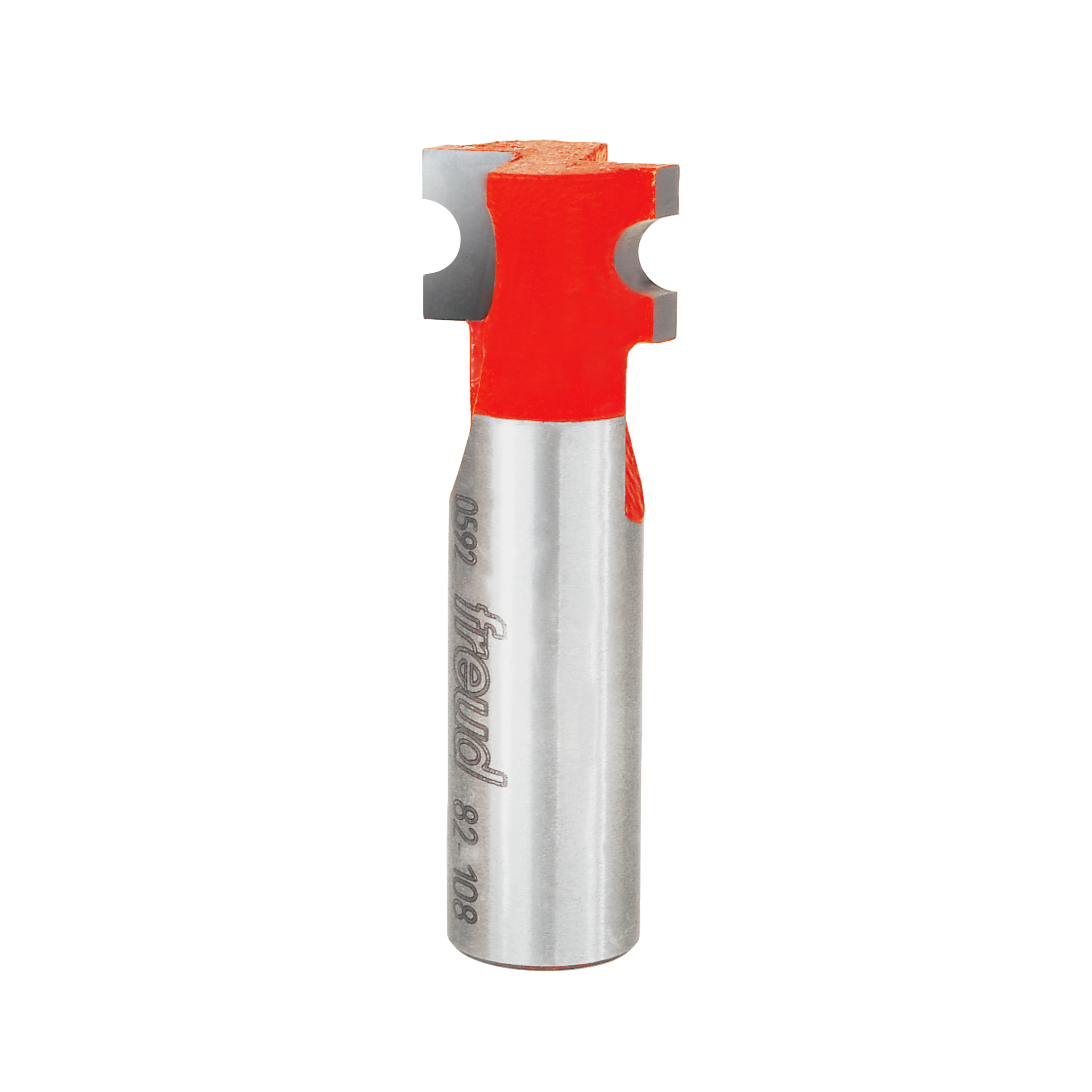 Silver metal router bit with red plastic coating and curved half-round cutting head with two notches.
