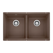 Cafe brown undermount double bowl sink with two equal-sized compartments and chrome drain strainers.
