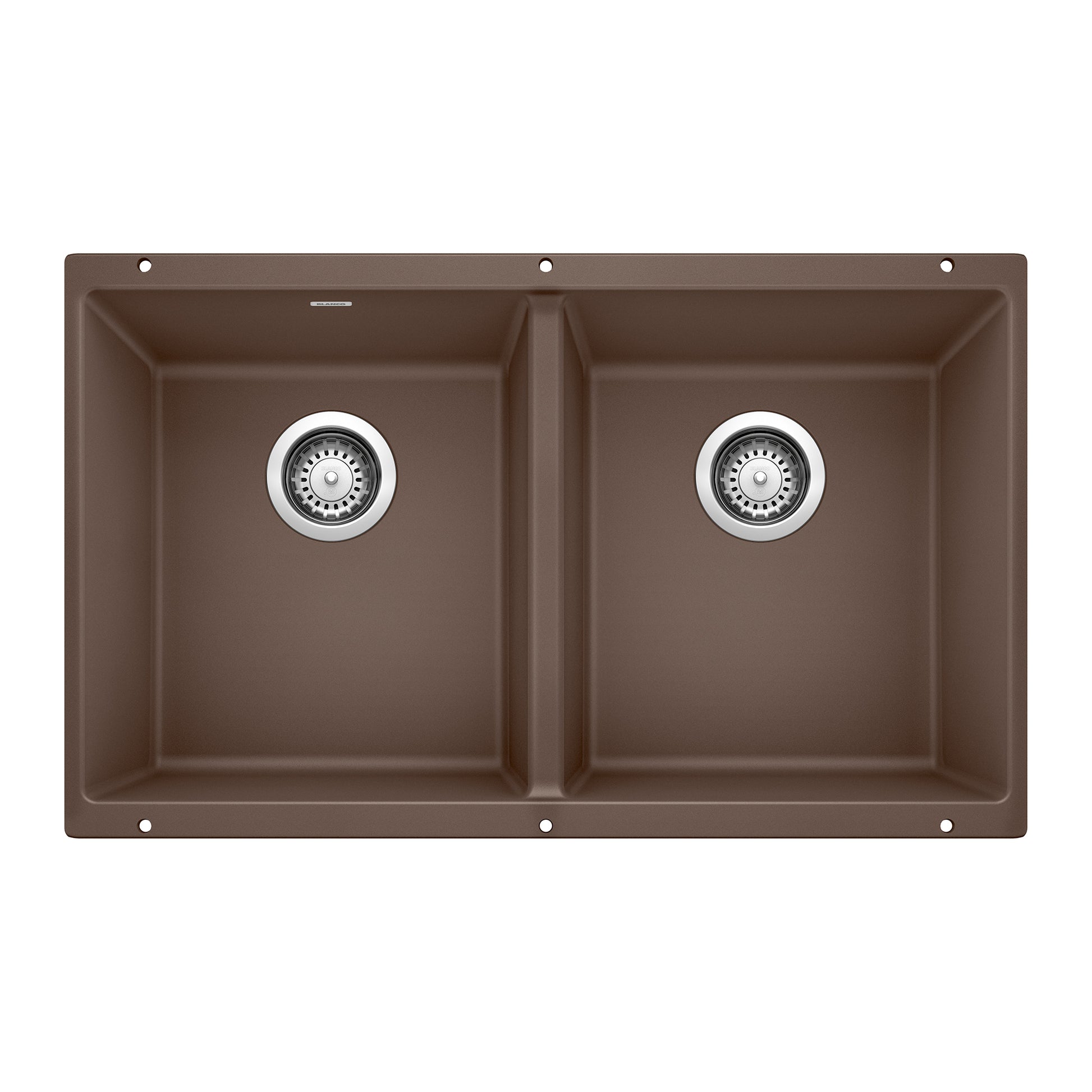 Cafe brown undermount double bowl sink with two equal-sized compartments and chrome drain strainers.