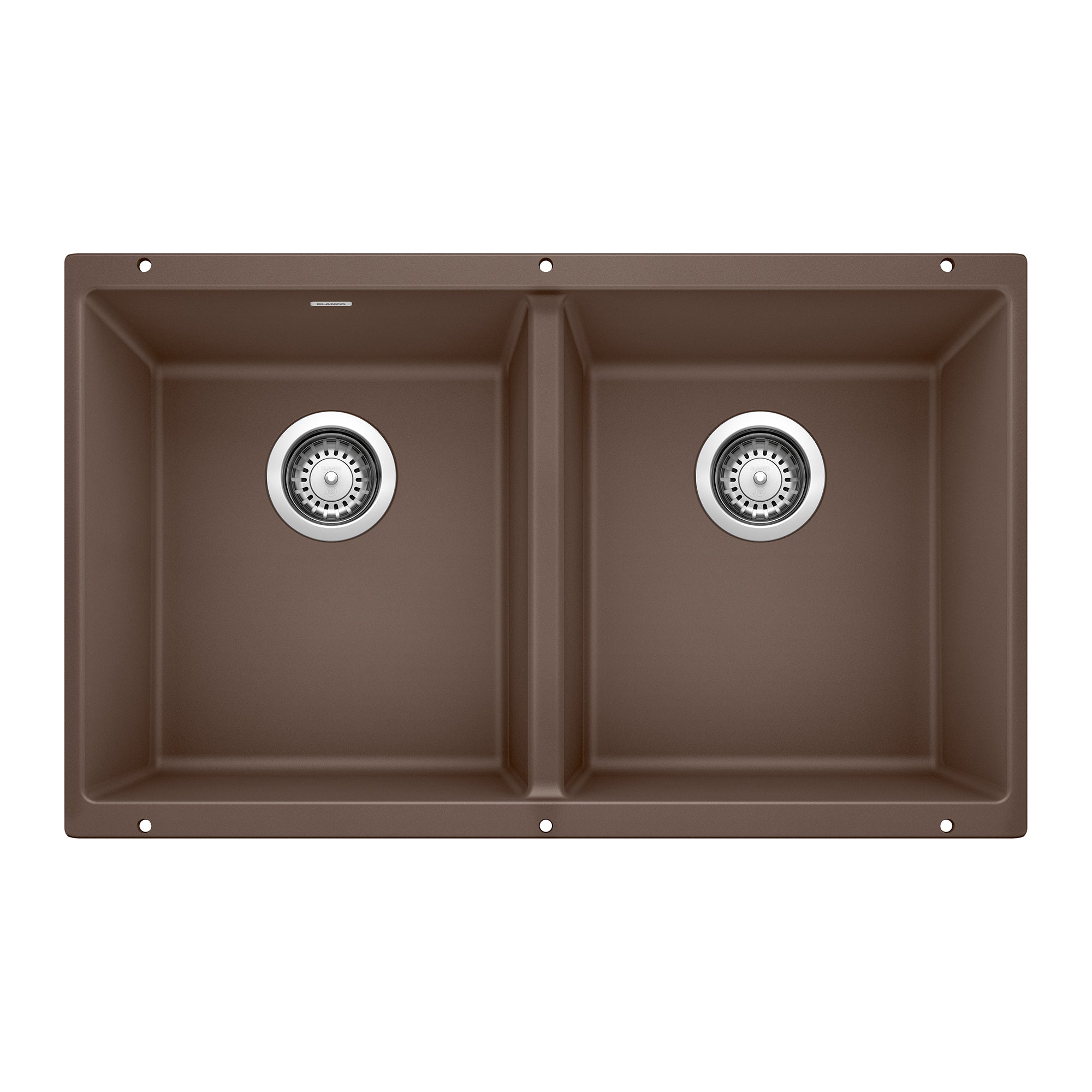 Cafe brown undermount double bowl sink with two equal-sized compartments and chrome drain strainers.