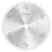Freud 350mm circular saw blade with silver steel body, white center hole, red markings, and triangular teeth around perimeter