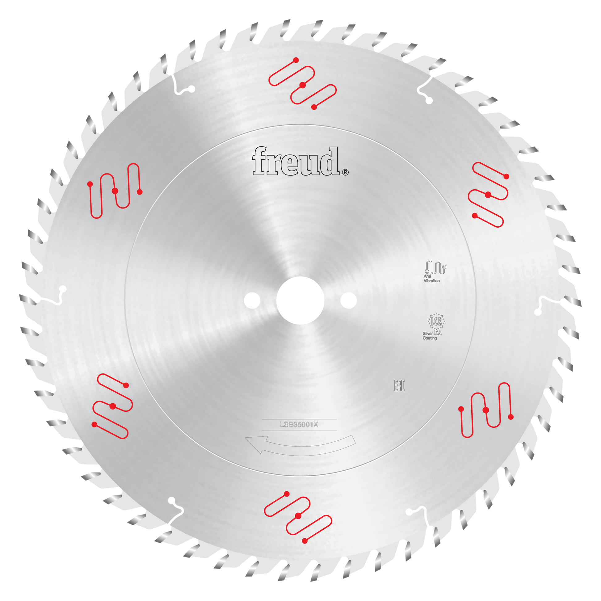 Freud 350mm circular saw blade with silver steel body, white center hole, red markings, and triangular teeth around perimeter