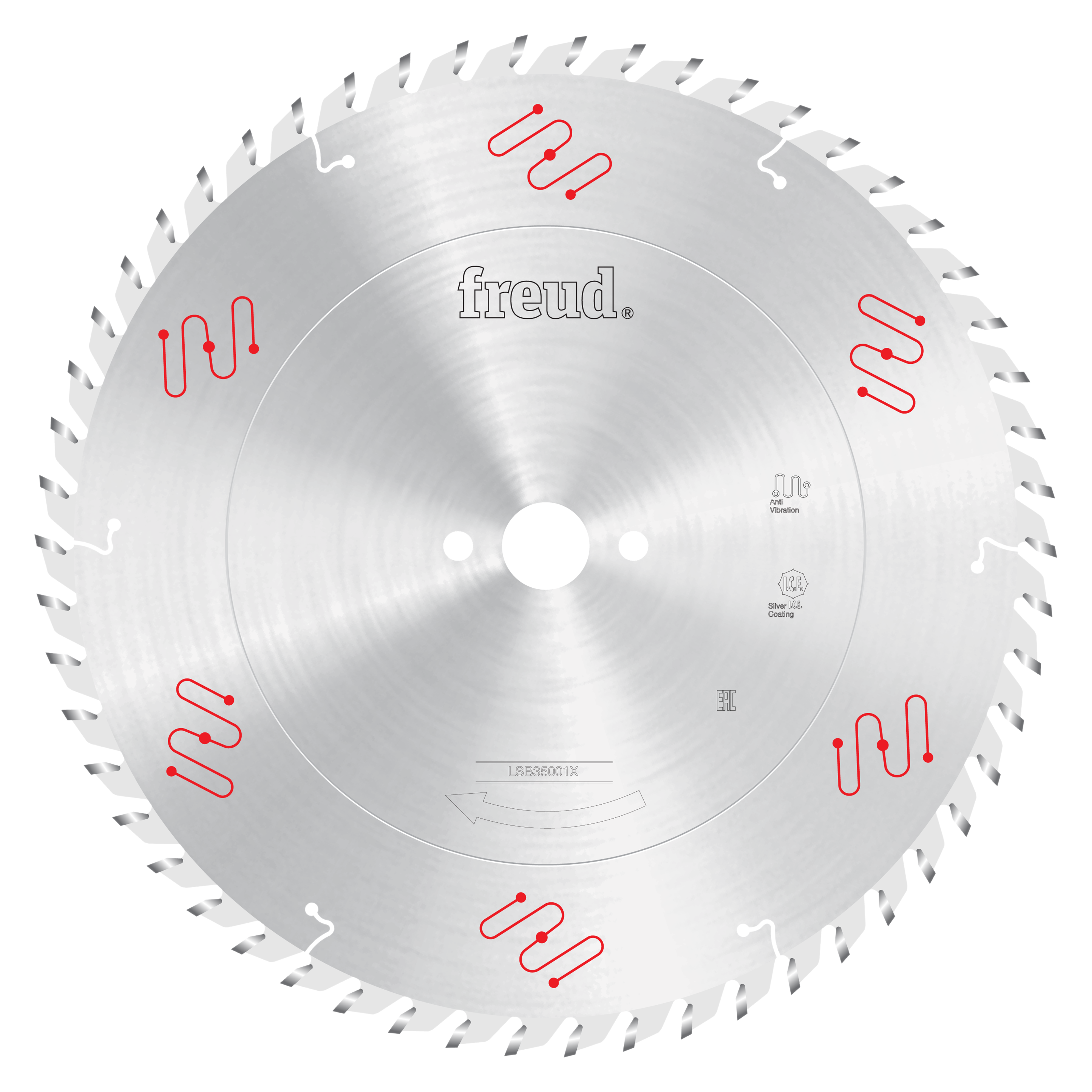 Freud 350mm circular saw blade with silver steel body, white center hole, red markings, and triangular teeth around perimeter