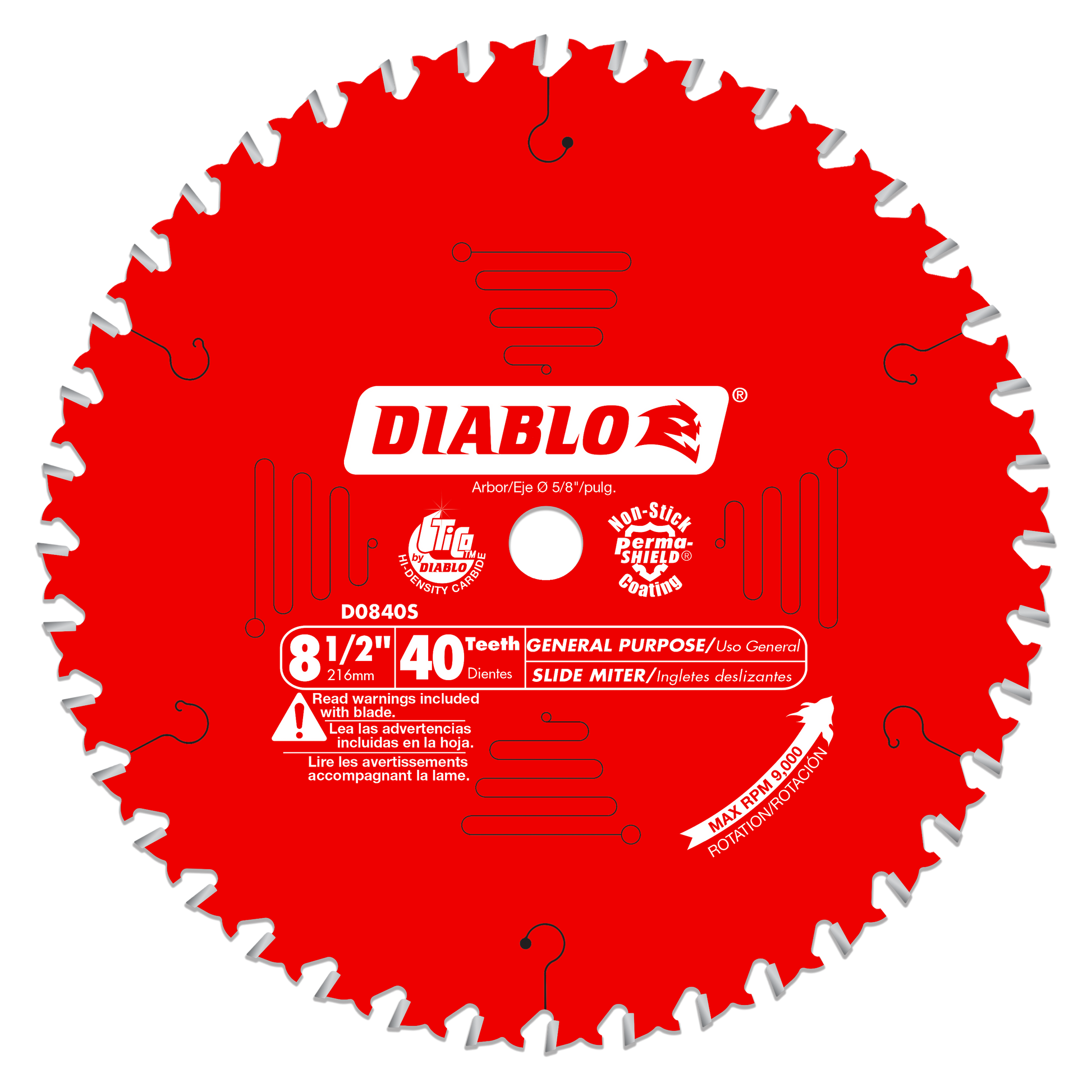 Diablo red circular saw blade with 40 carbide teeth and white label marking 8-1/2 inch diameter and general purpose slide mit