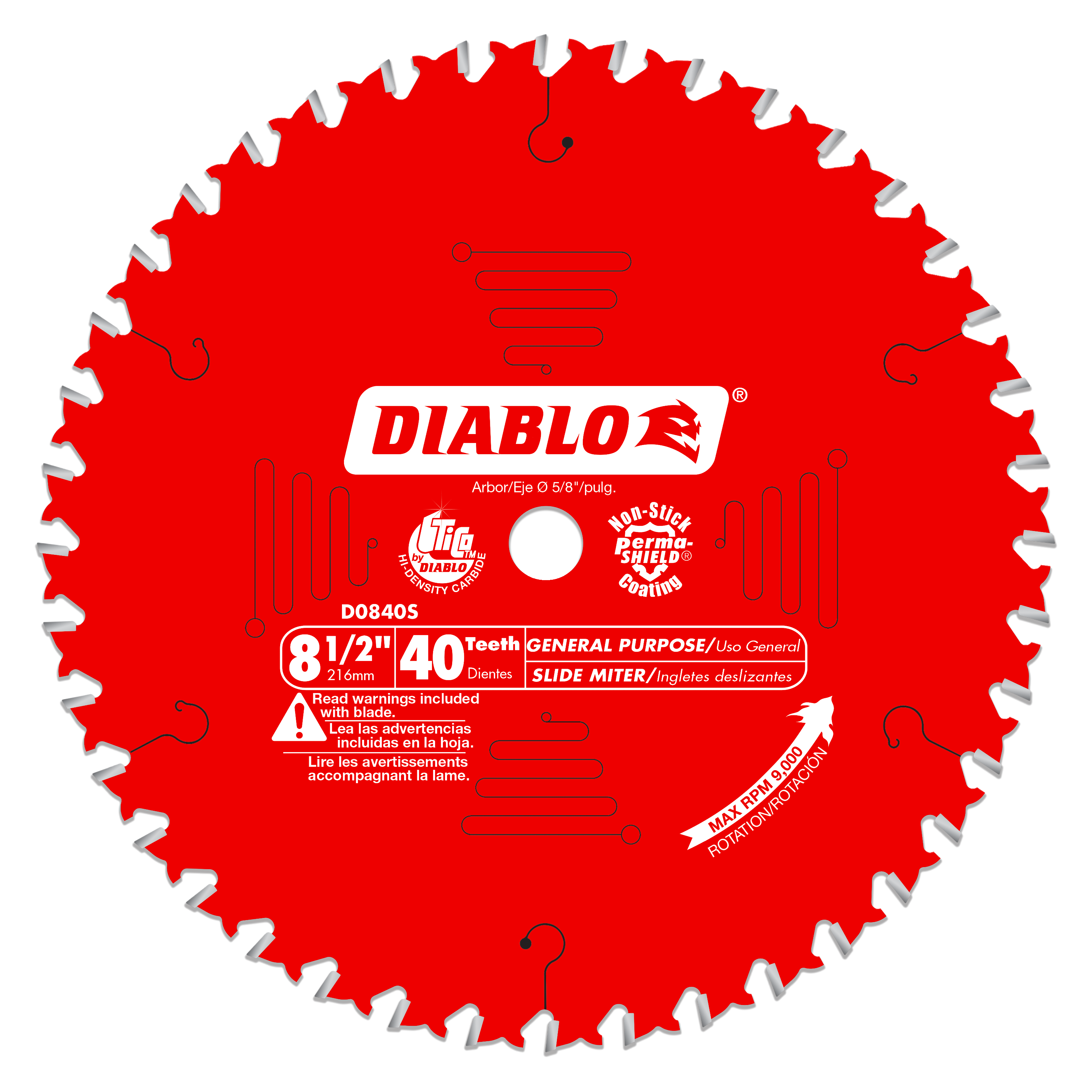 Diablo red circular saw blade with 40 carbide teeth and white label marking 8-1/2 inch diameter and general purpose slide mit