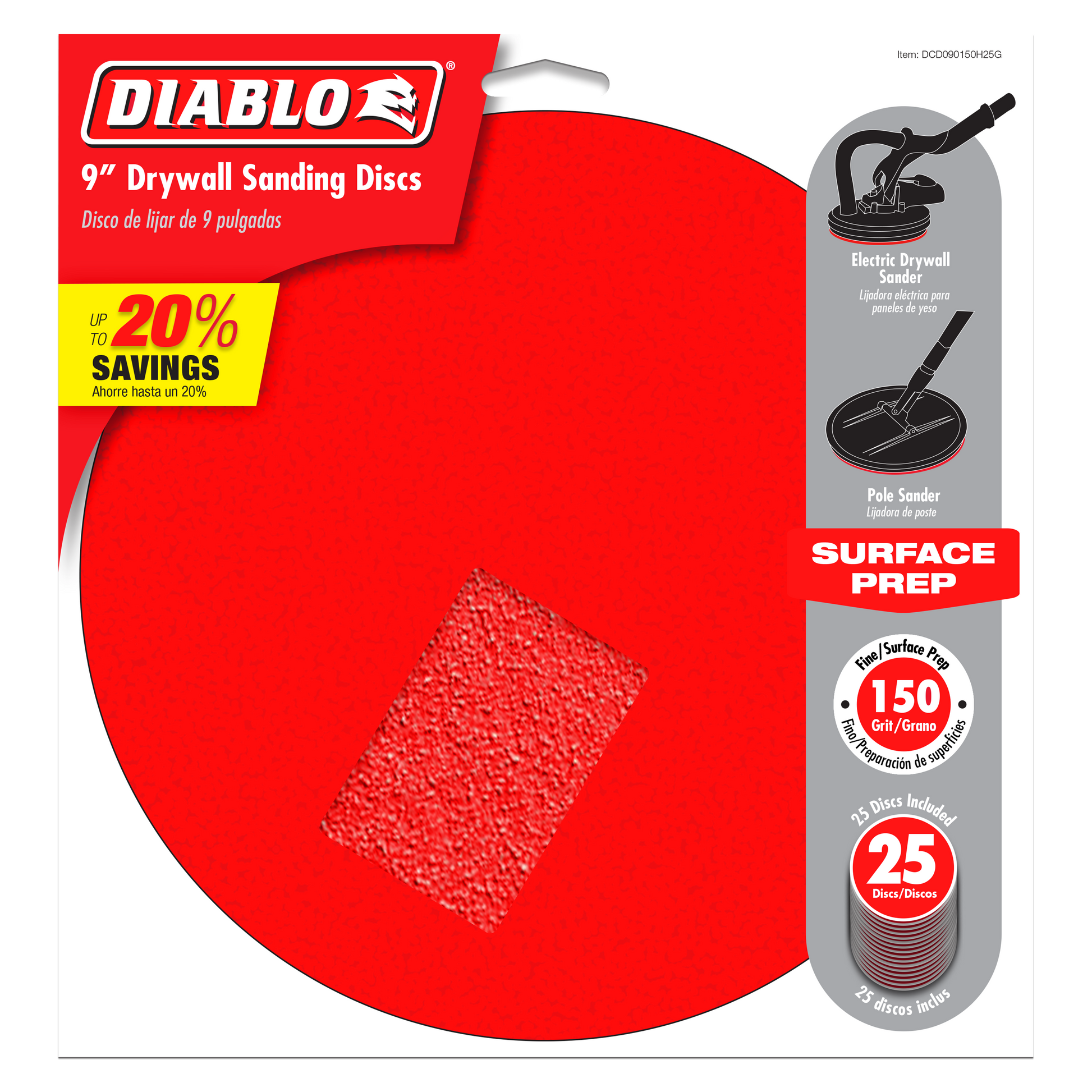 9-inch round red sanding disc with hook and loop backing and fine grit surface texture.