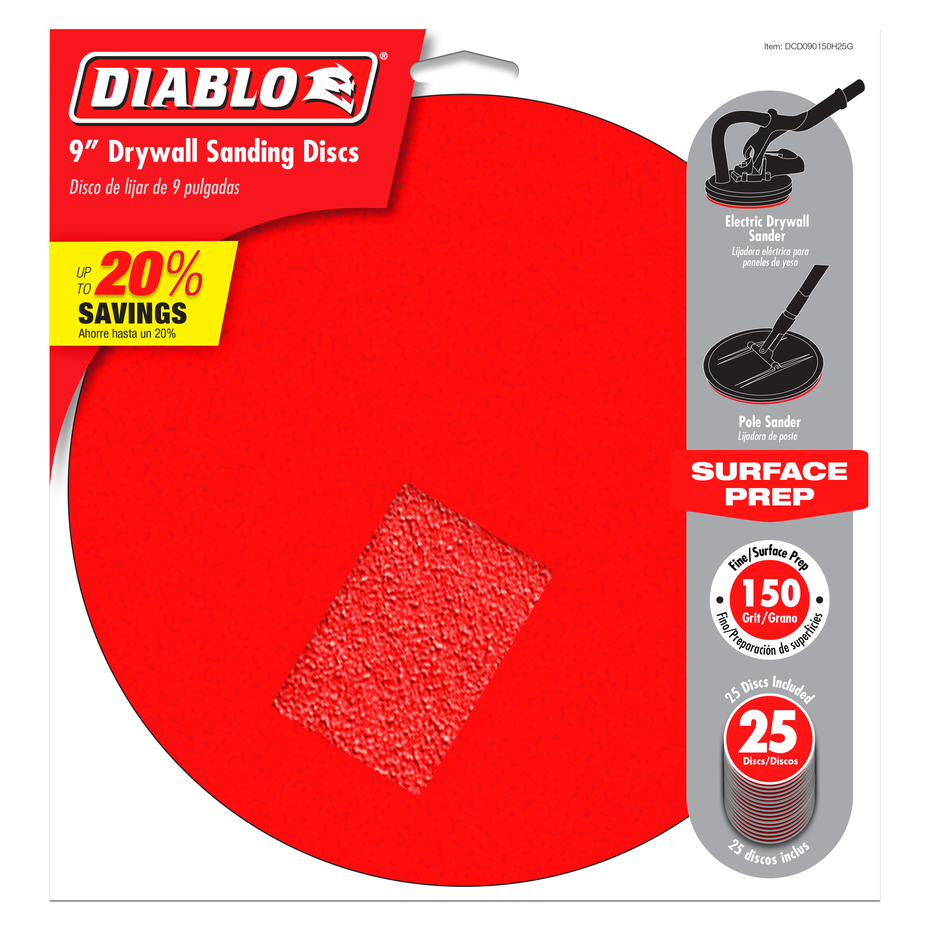 9-inch round red sanding disc with hook and loop backing and fine grit surface texture.
