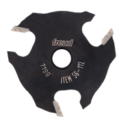 Black slotting cutter with three carbide wings, center hole, and Freud branding with item number 56-112 visible.