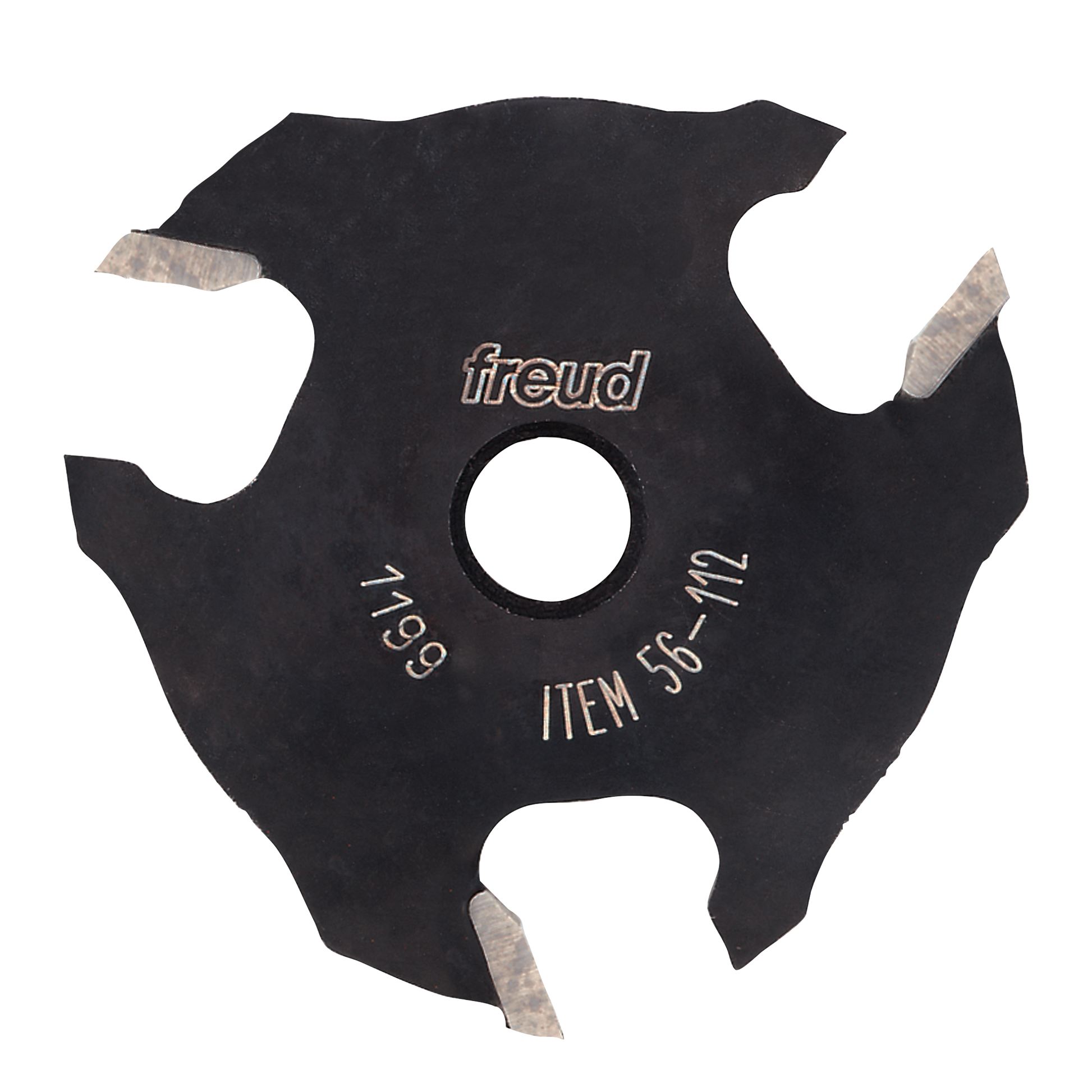 Black slotting cutter with three carbide wings, center hole, and Freud branding with item number 56-112 visible.