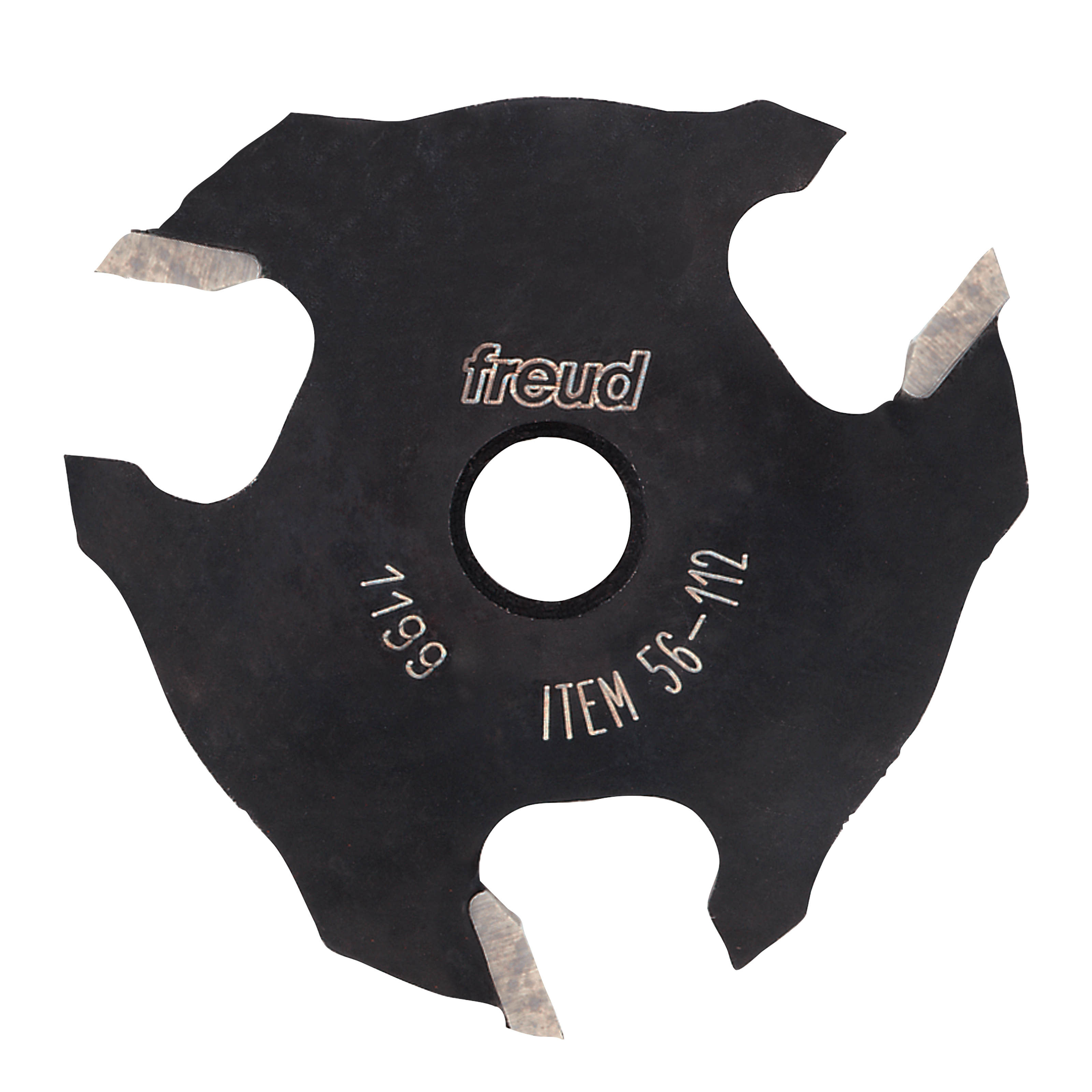 Black slotting cutter with three carbide wings, center hole, and Freud branding with item number 56-112 visible.