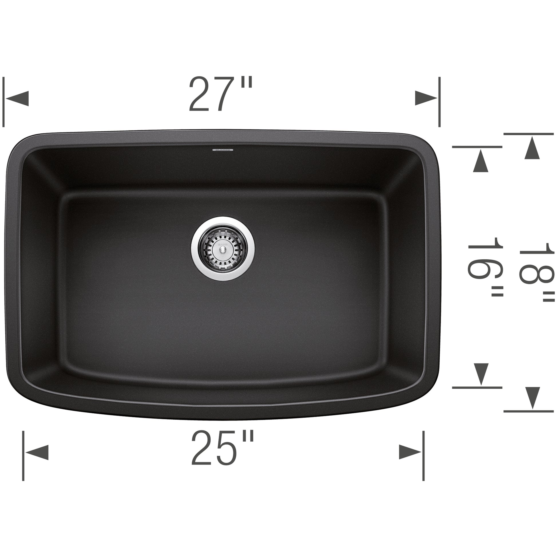 Anthracite single bowl undermount sink with rounded corners, chrome drain, measuring 27" wide by 25" deep by 19" height.