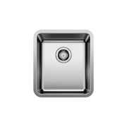Stainless steel undermount bar sink with single bowl and strainer basket, rounded rectangular shape.