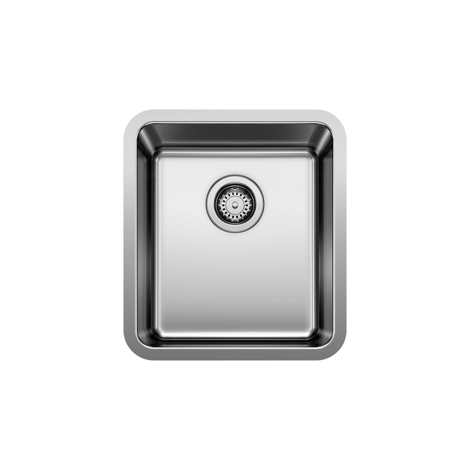 Stainless steel undermount bar sink with single bowl and strainer basket, rounded rectangular shape.