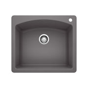 Dark gray single bowl drop-in sink with chrome drain strainer and rounded corners, viewed from above.