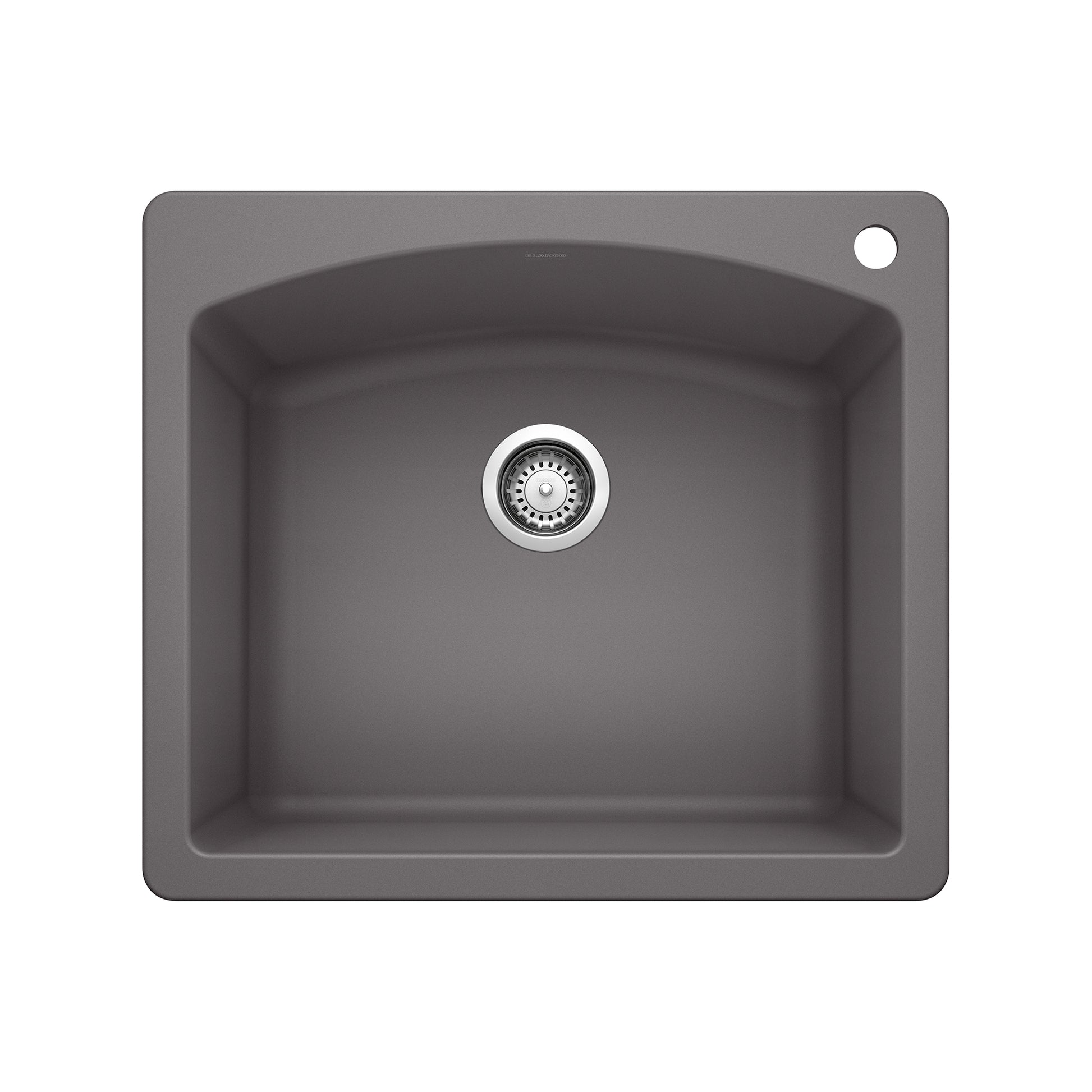 Dark gray single bowl drop-in sink with chrome drain strainer and rounded corners, viewed from above.