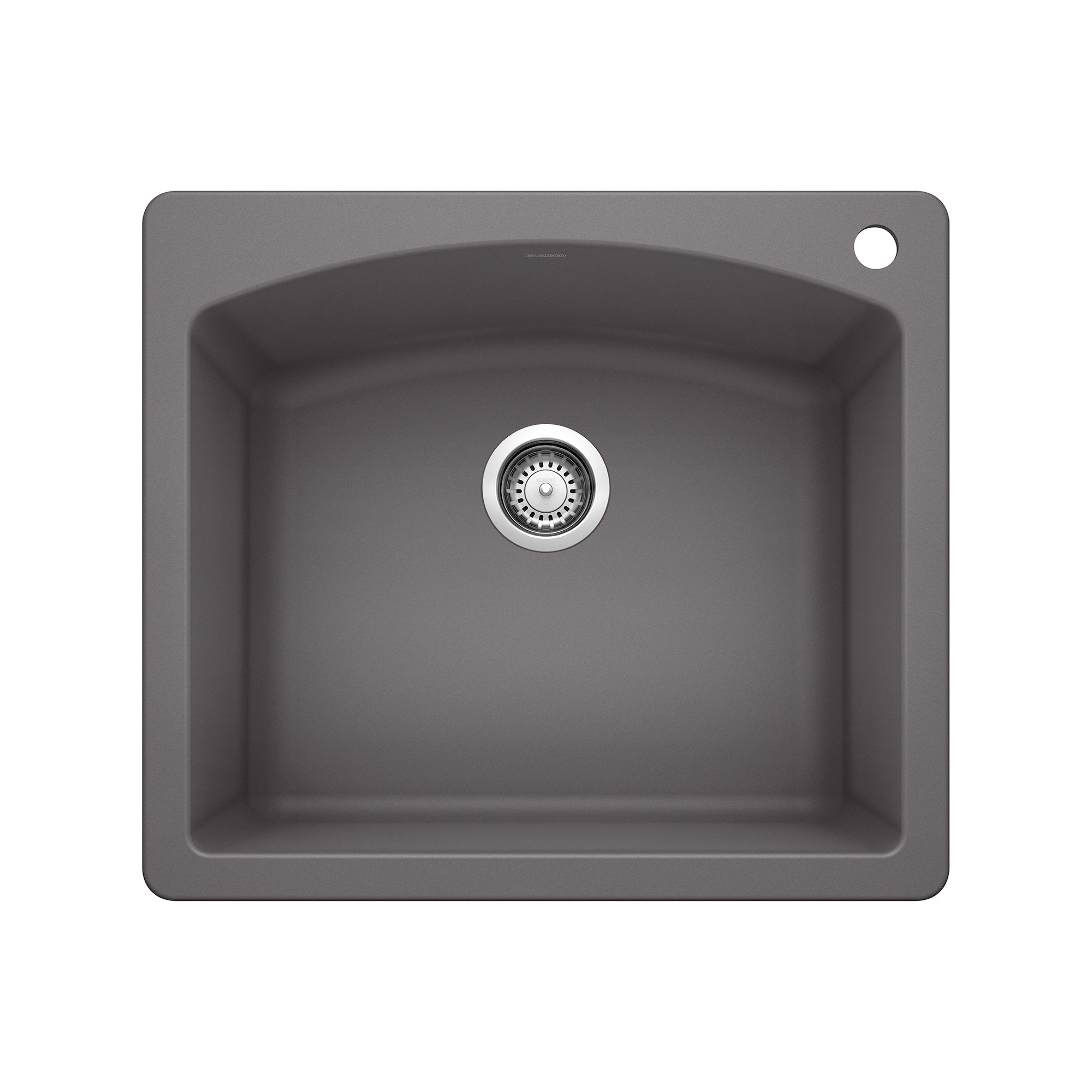 Dark gray single bowl drop-in sink with chrome drain strainer and rounded corners, viewed from above.