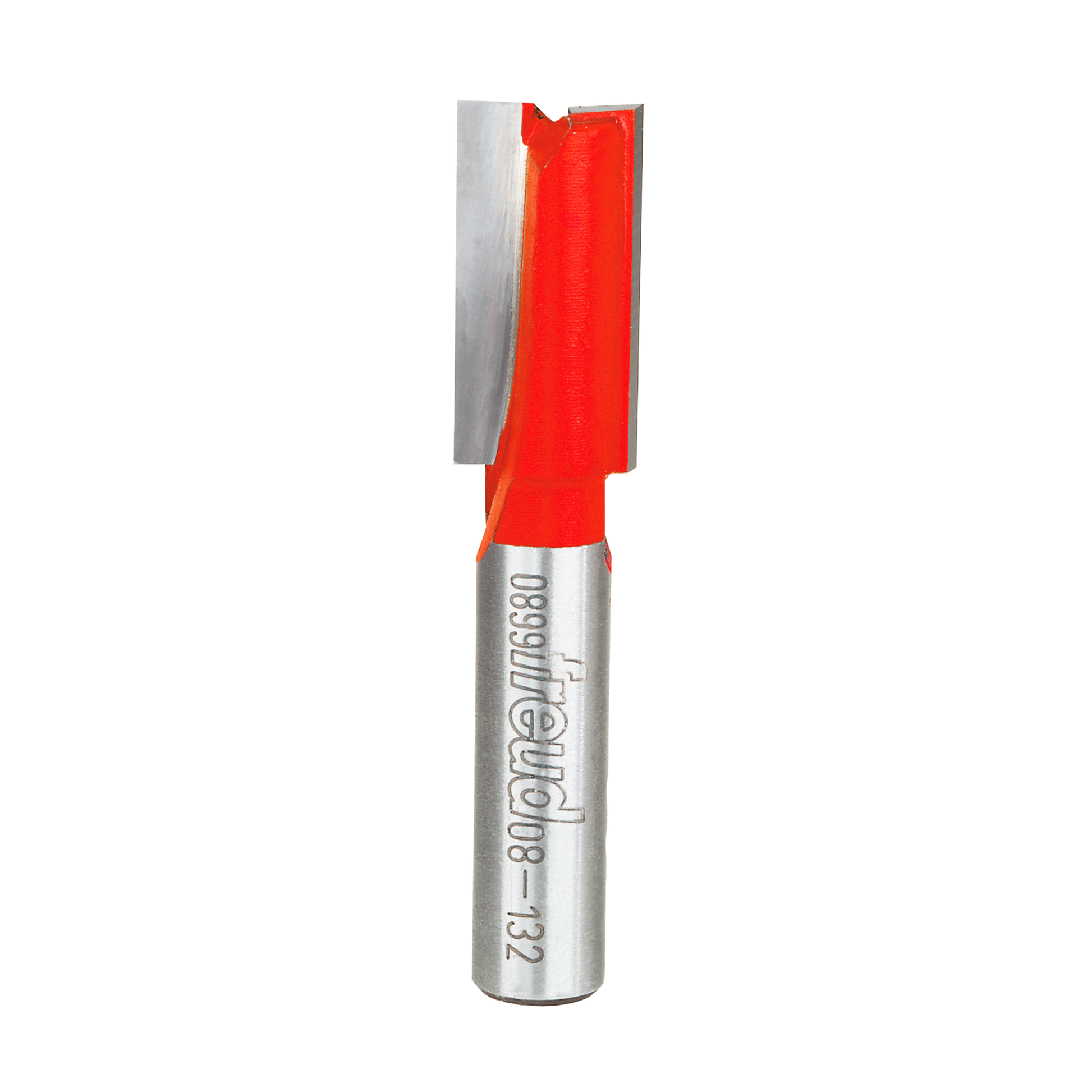 Freud router bit with red cutting head and silver metal shank, model number 08-132 engraved on shaft.