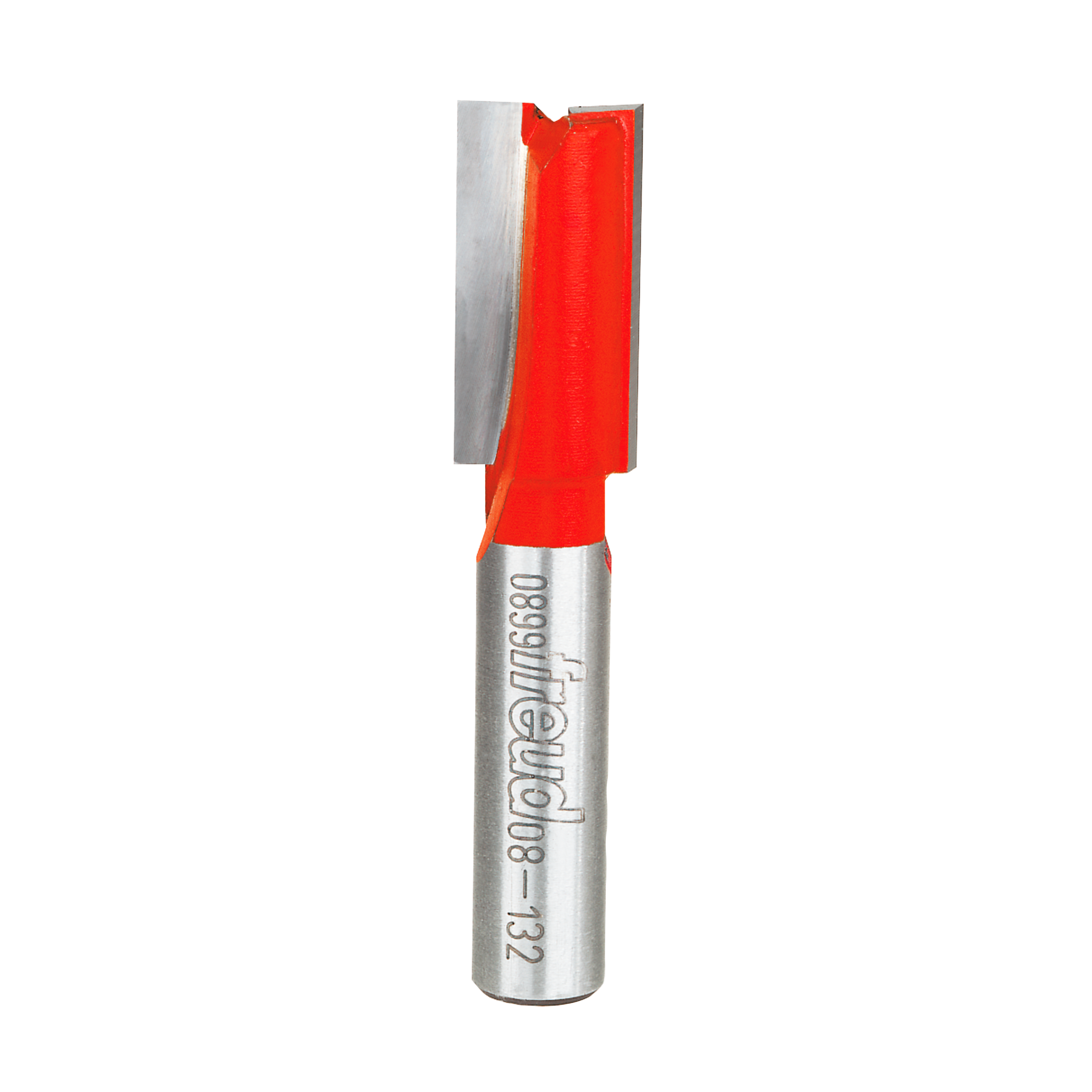 Freud router bit with red cutting head and silver metal shank, model number 08-132 engraved on shaft.