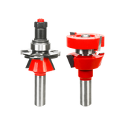 Two router bits with red cutting heads and steel shanks, featuring adjustable rail and stile profiles for woodworking.