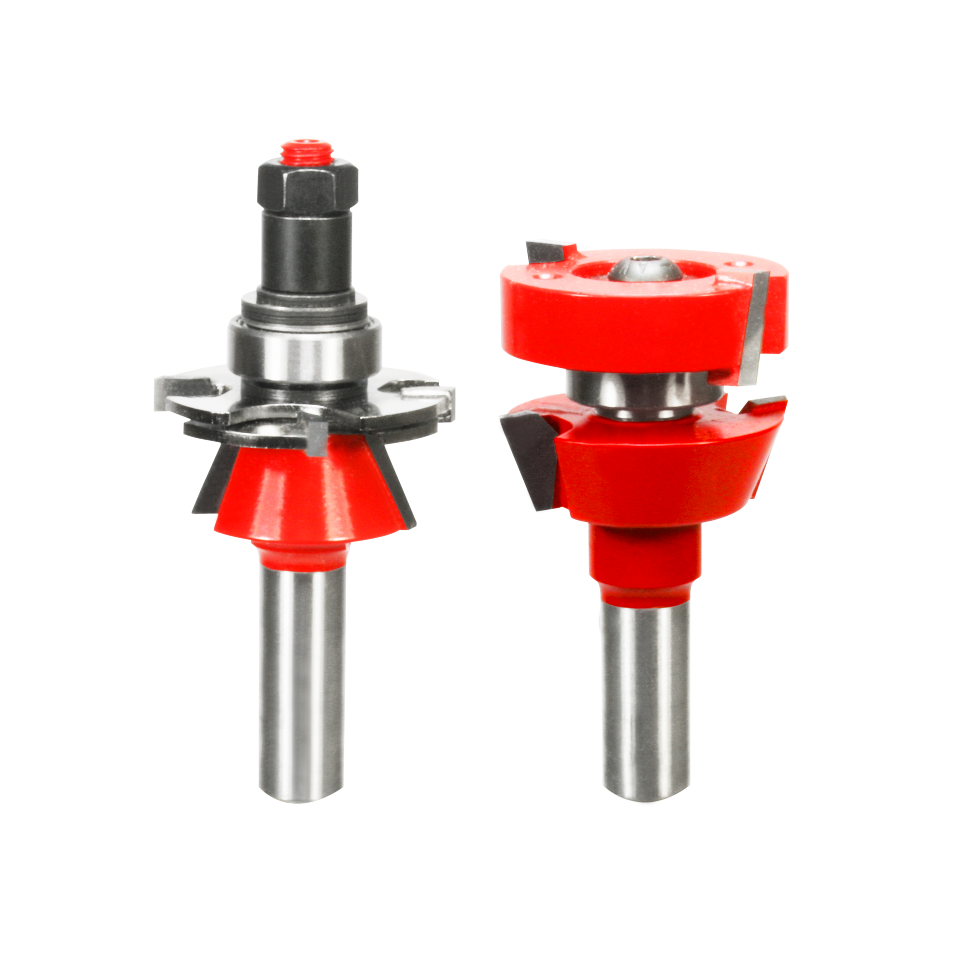 Two router bits with red cutting heads and steel shanks, featuring adjustable rail and stile profiles for woodworking.