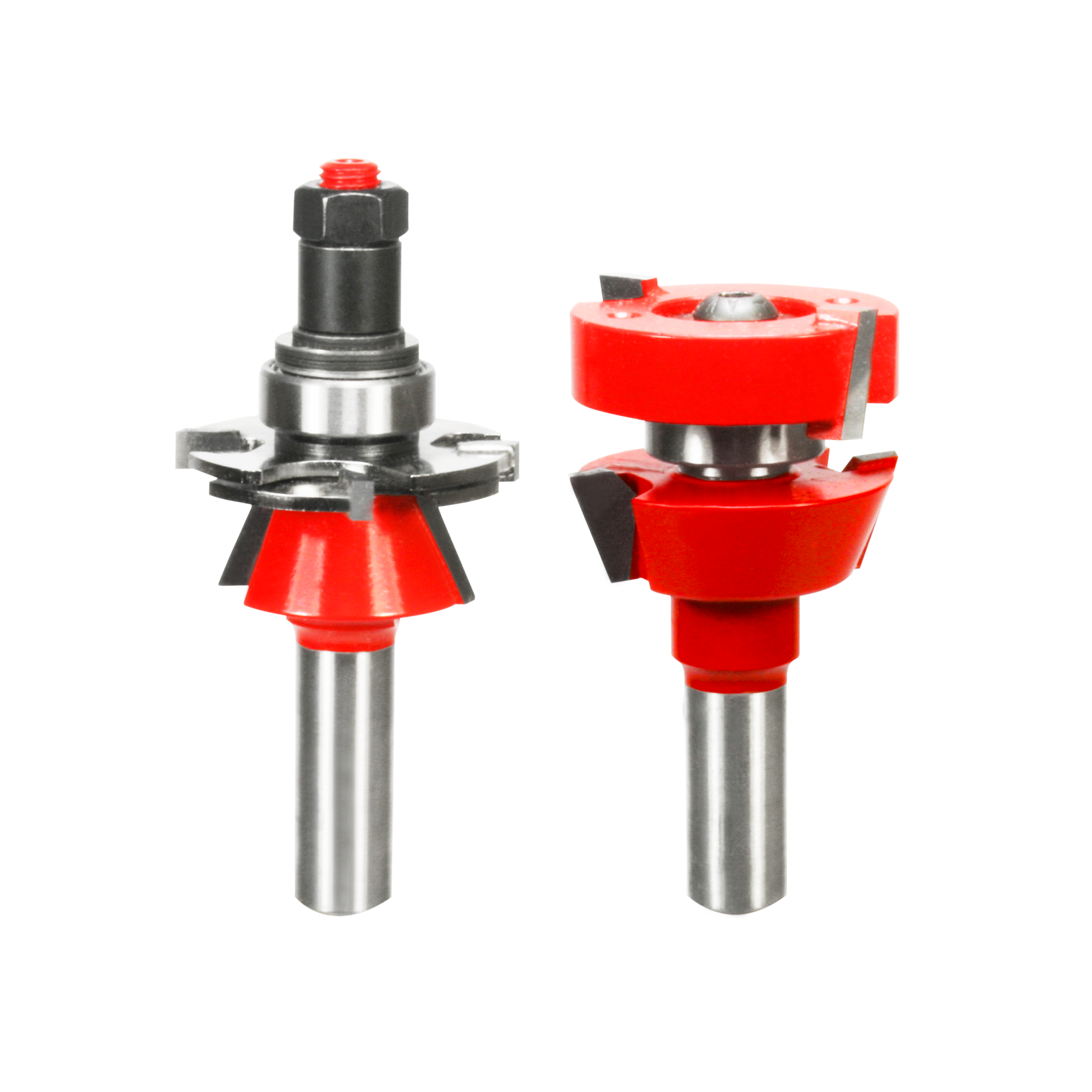 Two router bits with red cutting heads and steel shanks, featuring adjustable rail and stile profiles for woodworking.