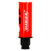 Red Diablo hole saw with serrated cutting edge and black shank attachment.