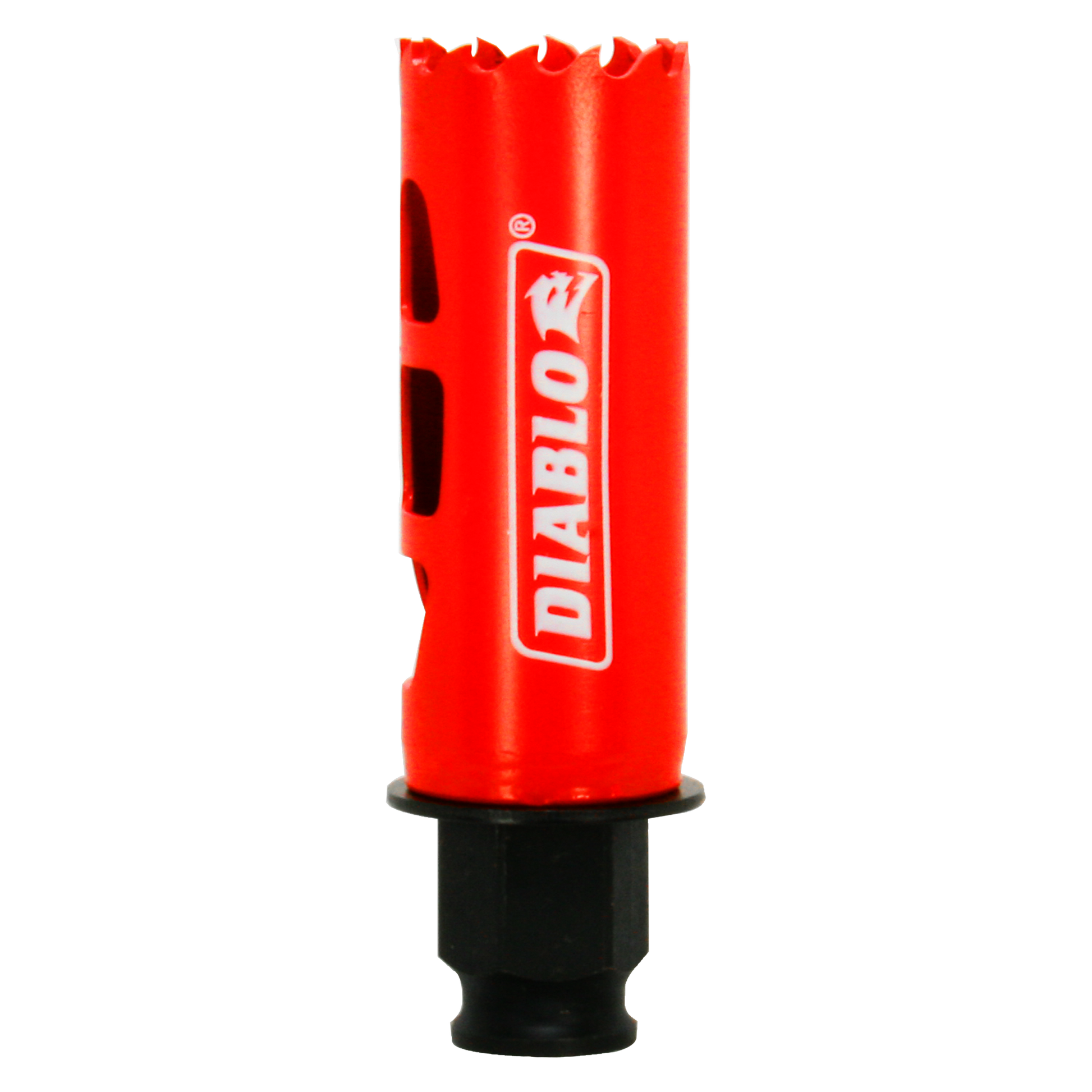 Red Diablo hole saw with serrated cutting edge and black shank attachment.