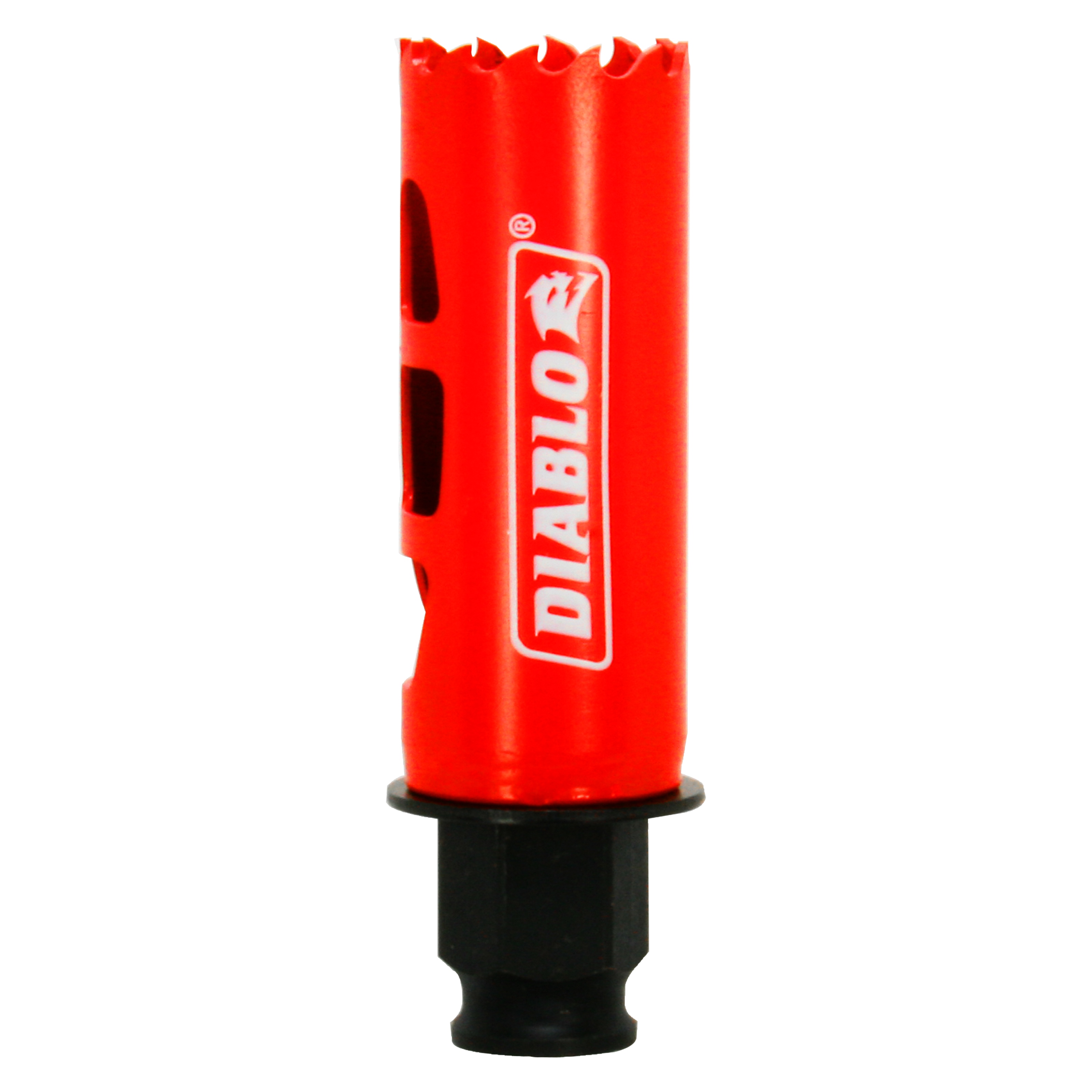 Red Diablo hole saw with serrated cutting edge and black shank attachment.