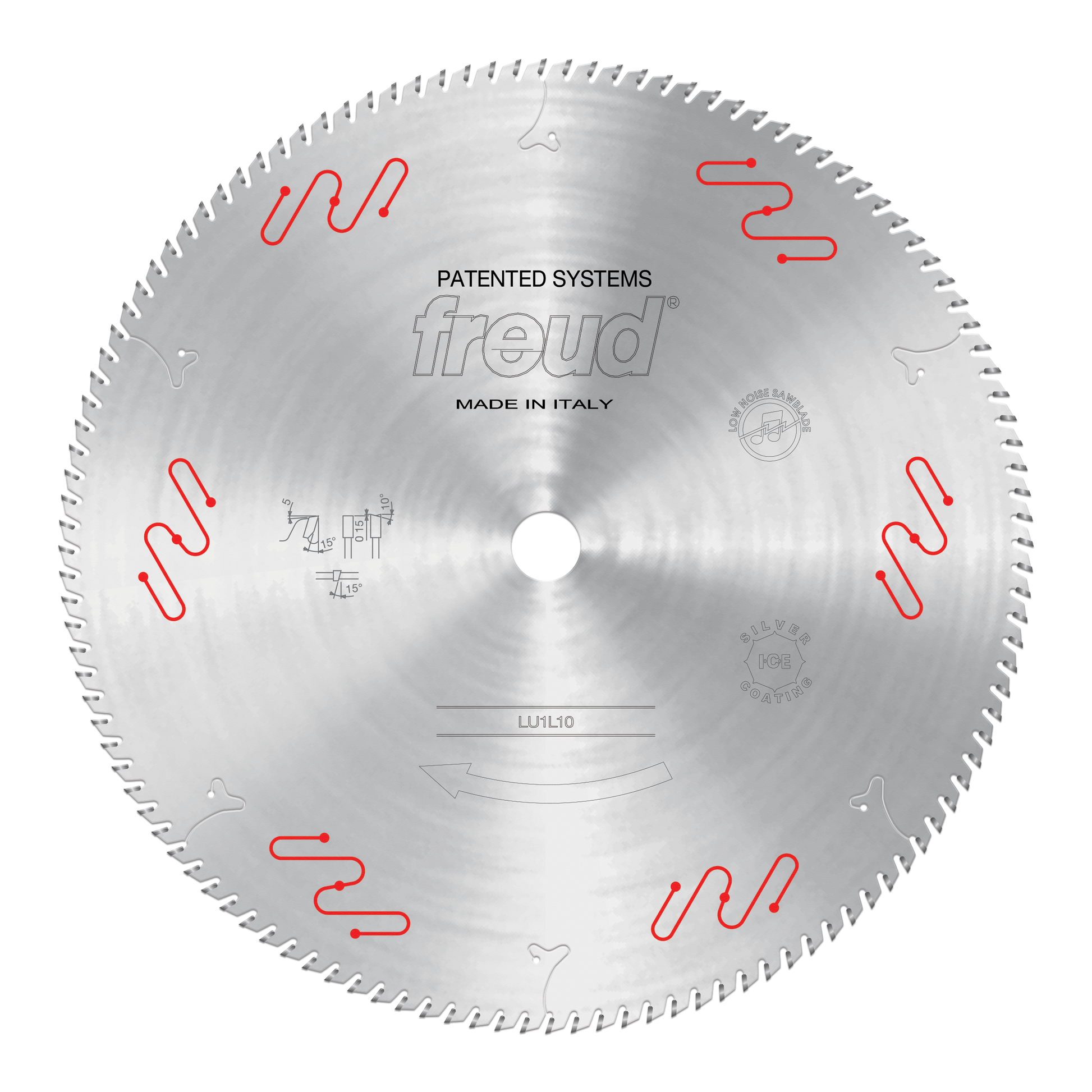 Freud LU1L10 circular saw blade with carbide-tipped teeth and red wavy markings around the edge.