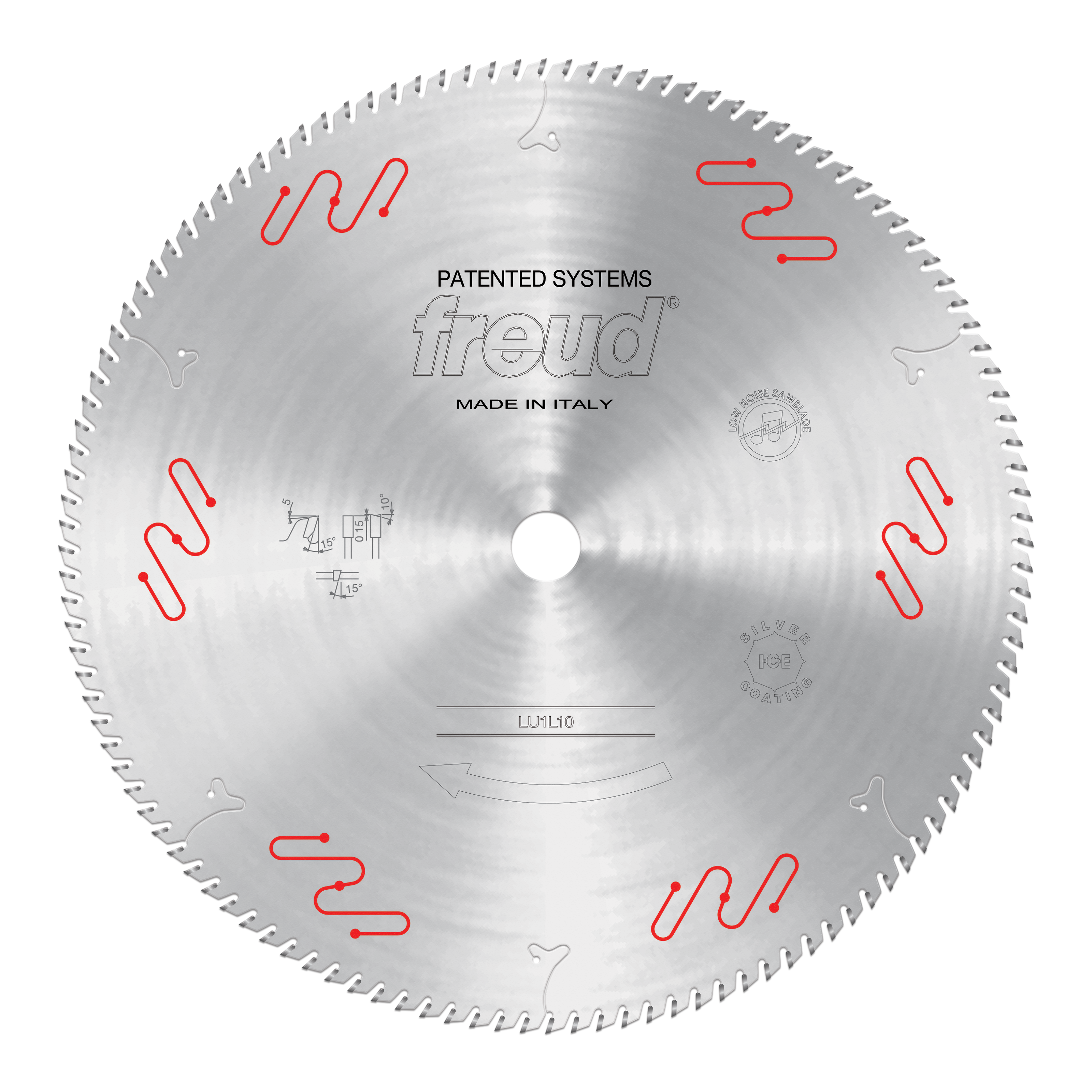 Freud LU1L10 circular saw blade with carbide-tipped teeth and red wavy markings around the edge.