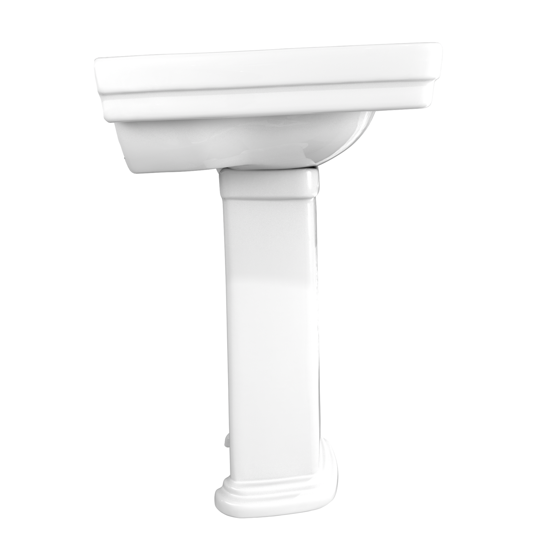 White porcelain pedestal sink with rectangular basin and cylindrical support column.