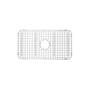 Stainless steel wire sink grid with square mesh pattern and center drain hole for kitchen sink.