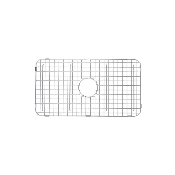 Stainless steel wire sink grid with square mesh pattern and center drain hole for kitchen sink.