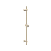 Satin nickel 30-inch vertical slide bar with adjustable hand shower holder and wall mounts.